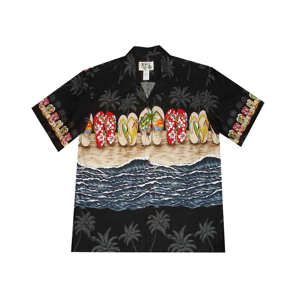 Ky's Hawaiian Cotton Shirt - Breathable Aloha Shirt for Men & Women | Hawaii Slipper Black | Perfect for Beach Vacation, Luau Party & Summer Outfits