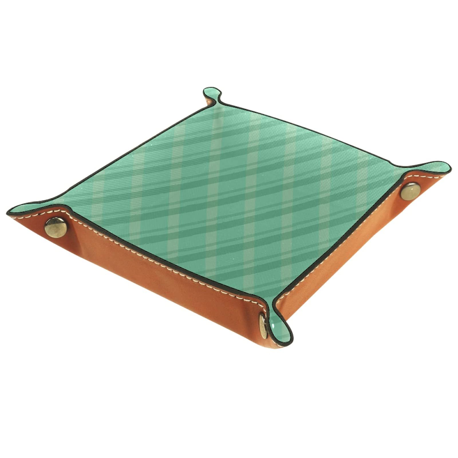 Green & Yellow Plaid Desktop Organizer Tray - 20.5x20.5cm Multifunctional Storage Tray for Jewelry, Coins, Keys | Perfect for Bedside, Vanity, Dresser & Office Organization