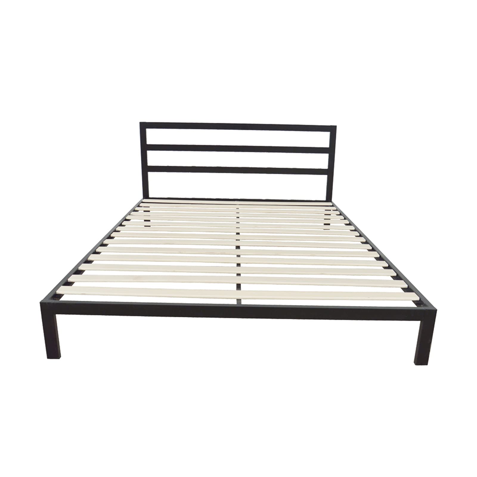 Bysesion GT1-JL Square Horizontal Bar Queen Size Iron Bed Frame - Black Metal Platform Bed with Headboard for Bedroom, Guest Room & Dorm