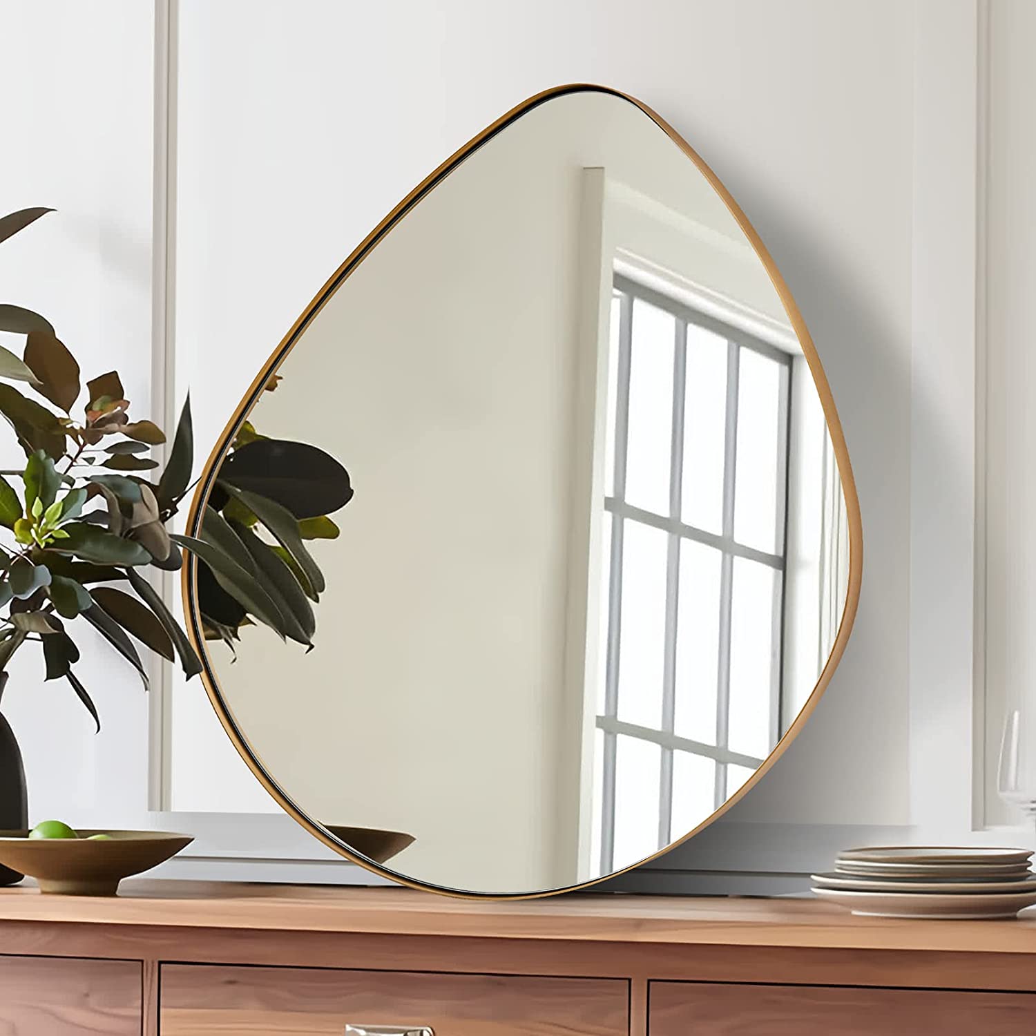 Asymmetrical Teardrop Mirror - Gold Stainless Steel Frame Irregular Bathroom Wall Mirror for Modern Home Decor & Vanity Makeup Area