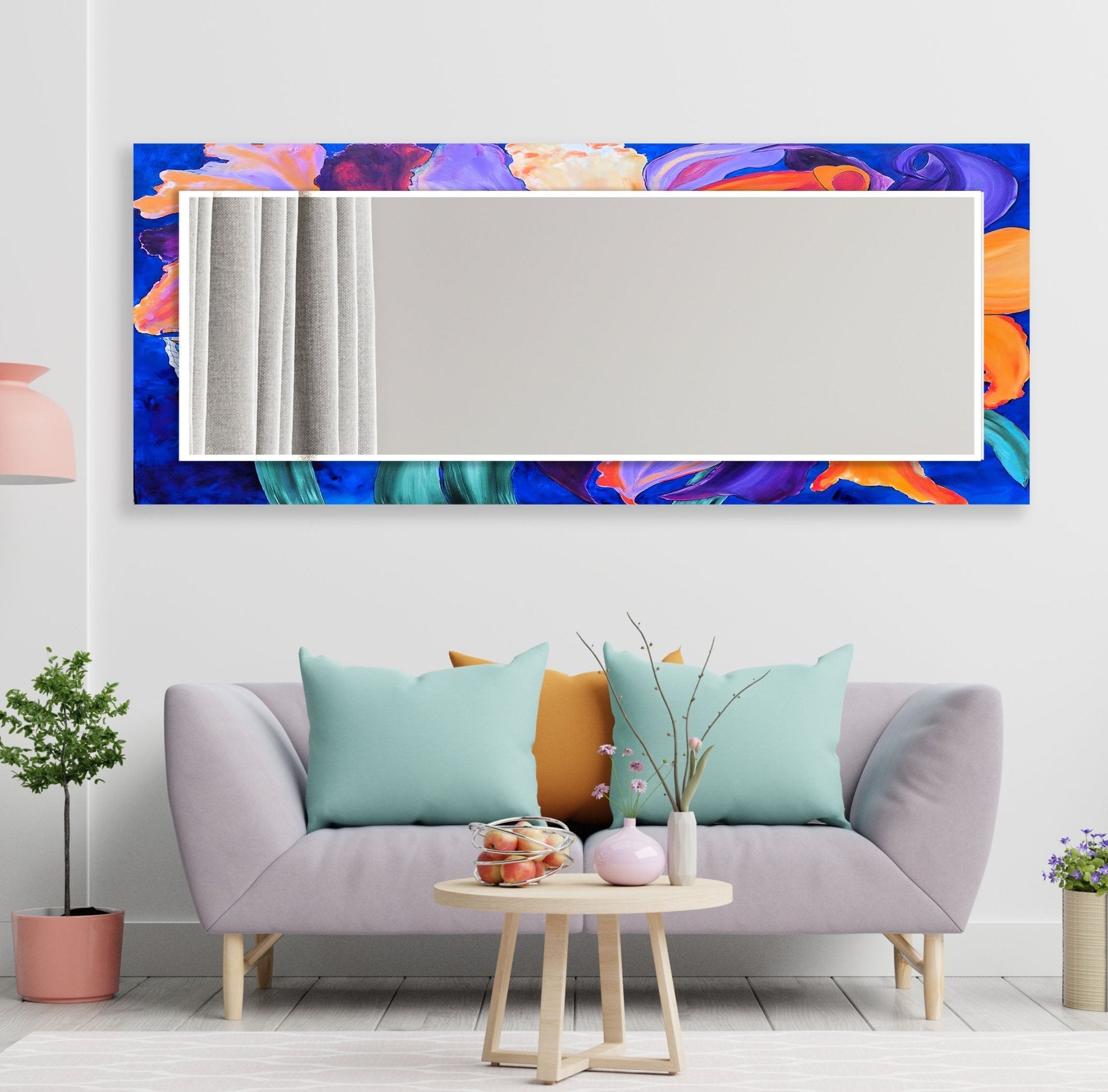 Abstract Purple Flower Painting Wall Mirror - Elegant Home Decor for Living Room, Bedroom & Bathroom | Perfect for Modern & Bohemian Interior Design