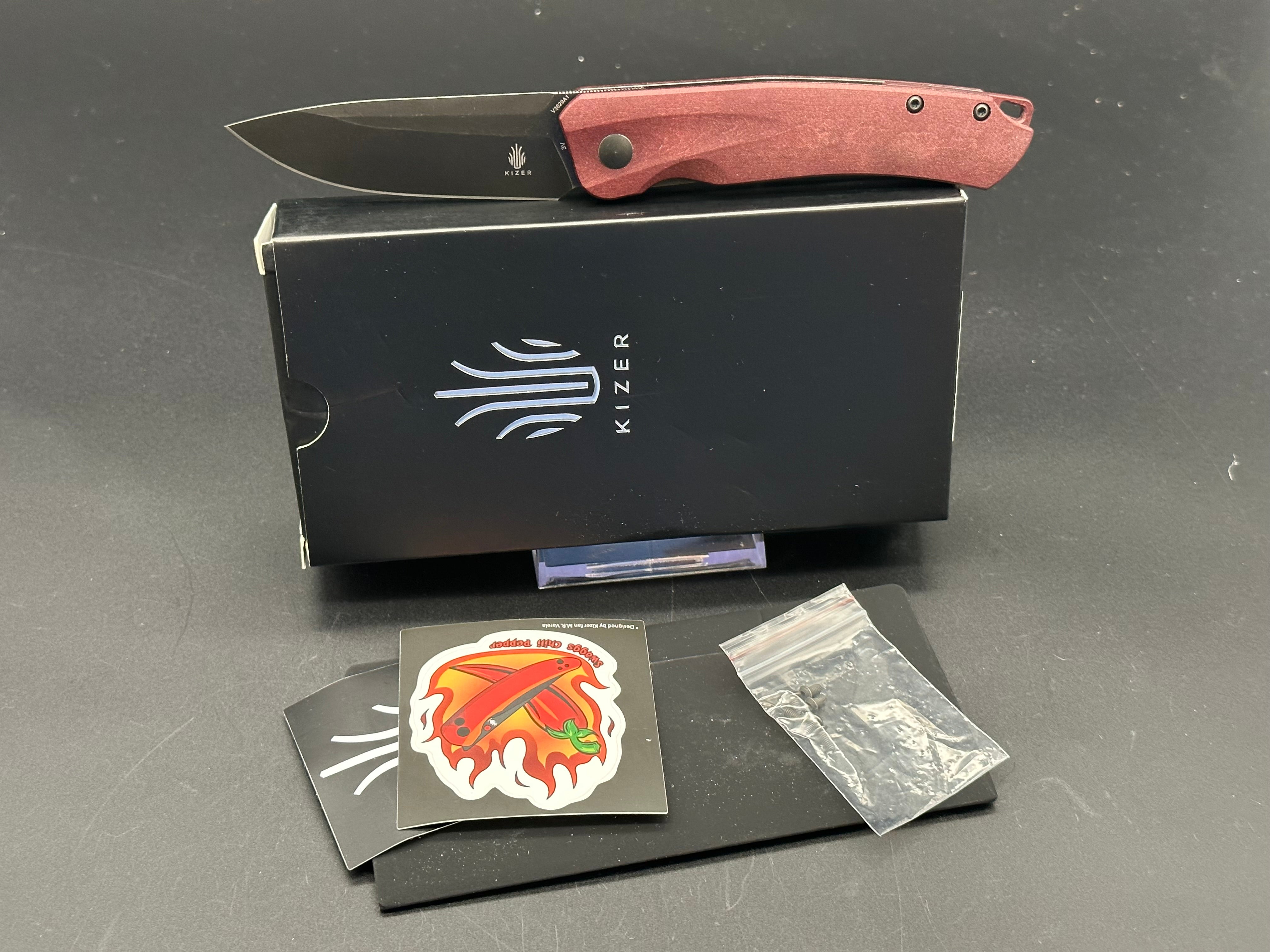 KIZER AGRESSOR Folding Knife - Premium CPM-3V Steel Blade with Red Richlite Handle - EDC Pocket Knife for Camping, Hiking & Outdoor Survival