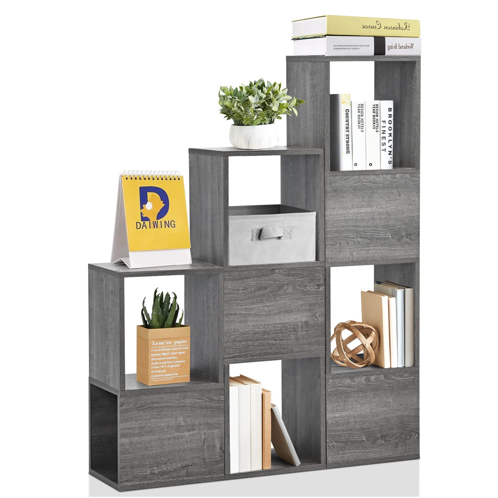 Tangkula 9-Cube Wooden Bookcase - Modular Storage Shelf for Living Room & Home Office - DIY Irregular Design, Freely Combined Cubes, Modern Stepped Bookshelf (Grey) - Perfect for Organizing Books, Decor & Office Supplies