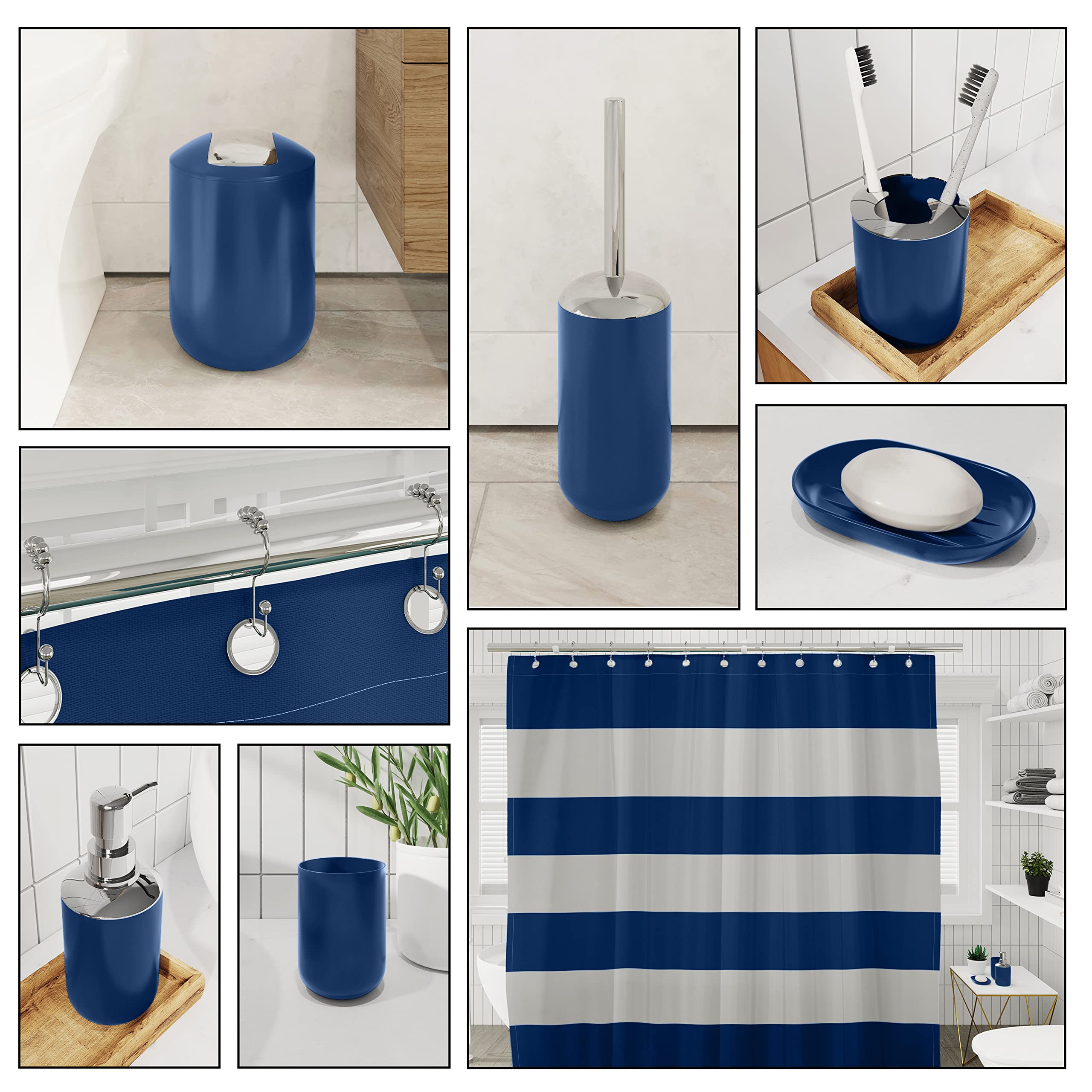 Clara Clark 20-Piece Navy Blue Bathroom Accessory Set - Includes Shower Curtain with Liner, Toothbrush Holder, Soap Dispenser, Soap Dish, Toilet Brush Holder & Waste Bin | Complete Bathroom Decor for Modern Homes, Apartments & Guest Bathrooms
