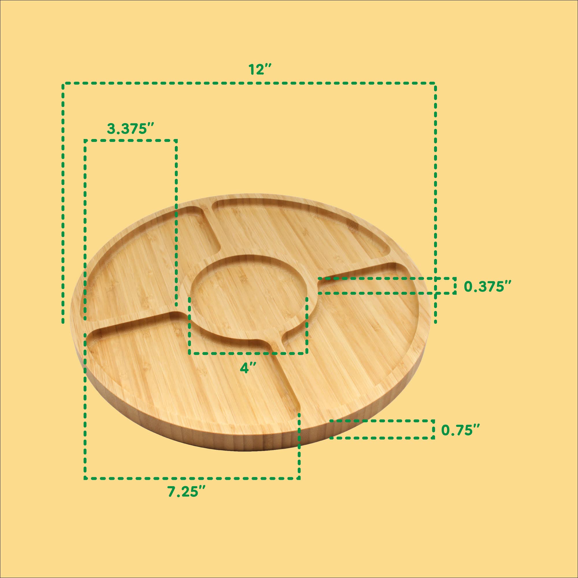 BambooMN Natural 12-Inch Round 5-Compartment Bamboo Serving Tray | Charcuterie Board for Cheese, Fruits & Appetizers | Perfect for Parties, Snacks & Entertaining | Eco-Friendly Kitchen & Dining Serveware (Set of 10)
