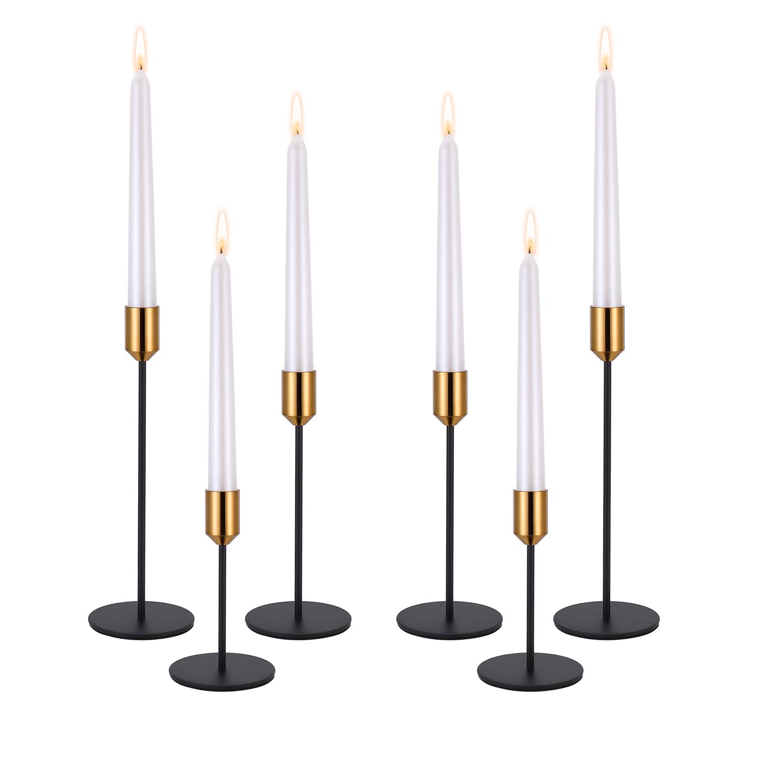 6-Piece Brass Gold Black Modern Candlestick Holders Set for Taper Candles - Elegant Table, Mantel, Wedding, Dining & Party Decor (Candles Not Included) | Perfect for Romantic Dinners, Holiday Centerpieces & Home Decoration