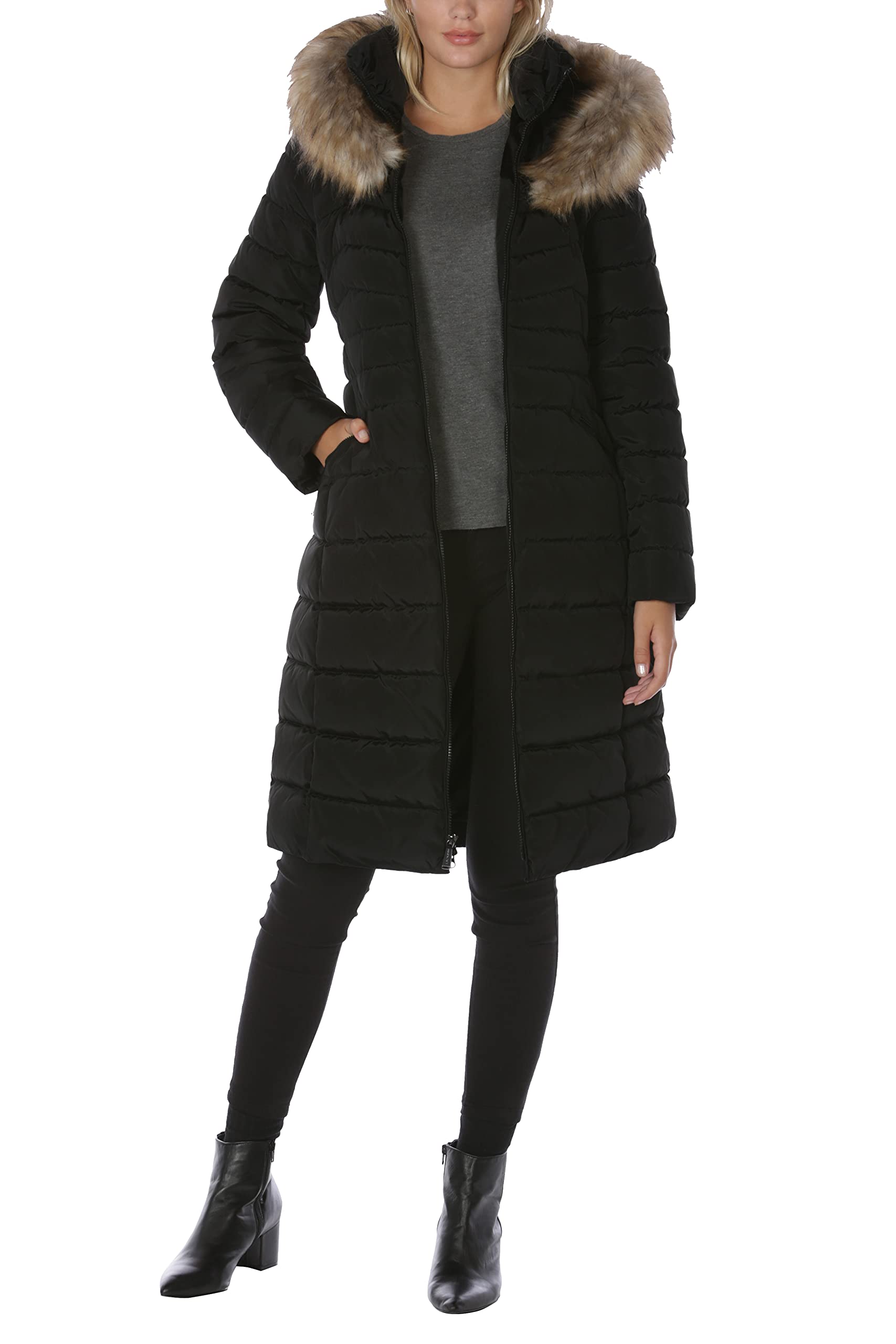 LAUNDRY BY SHELLI SEGAL Women's Winter Maxi Puffer Coat with Faux Fur Trim Hood - Warm Long Down Jacket for Cold Weather - Perfect for Snow, Travel & Outdoor Activities