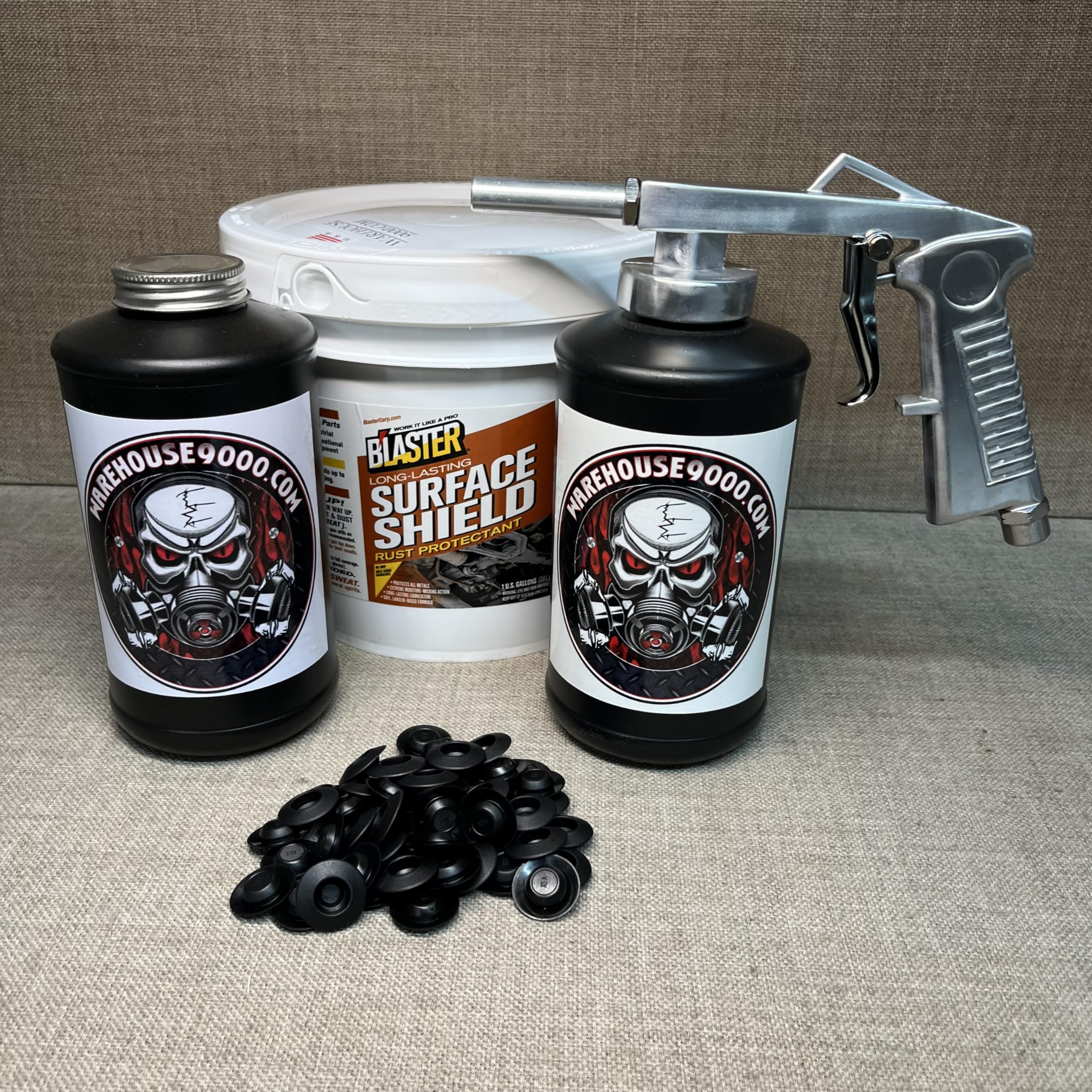 PB Blaster Surface Shield Gallon - Undercoating Spray Gun Kit with 2 Black Quart Bottles & 50 Rust Plugs - Automotive Rust Protection for Trucks, Trailers, and Heavy Equipment