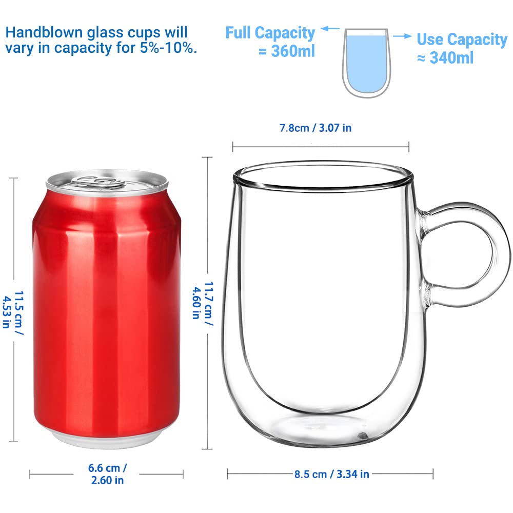 2x350ml Double Wall Insulated Coffee Mugs - Borosilicate Glass Cups with Handle for Hot & Cold Drinks - Heat Resistant for Coffee, Tea, Milk, Juice, Ice Cream - Perfect for Home, Office, Cafe & Gifts