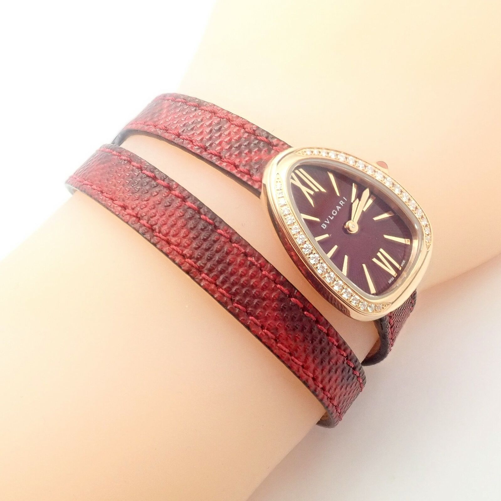Bulgari Serpenti 18k Rose Gold Diamond Tubogas Watch with Red Snake Band & Tool - Luxury Women's Jewelry for Gifts & Special Occasions