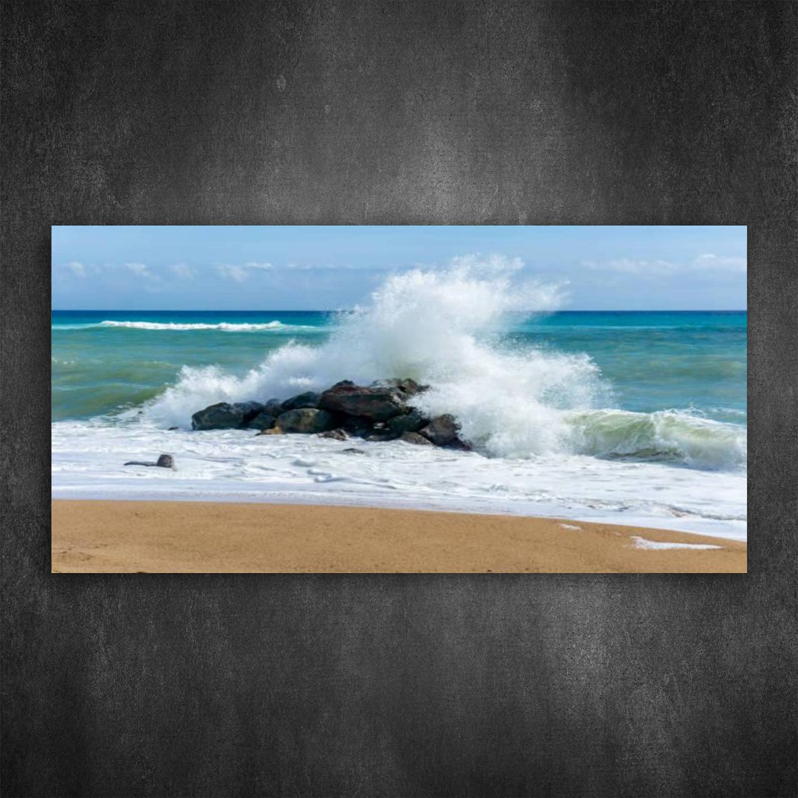 Windswept Surf Crashing Over Rocks on Beach Spain - Canvas Wall Art Painting Poster Print Framed Giclee Artwork Ready to Hang | Coastal Home Office Decor for Living Room, Bedroom & Beach House