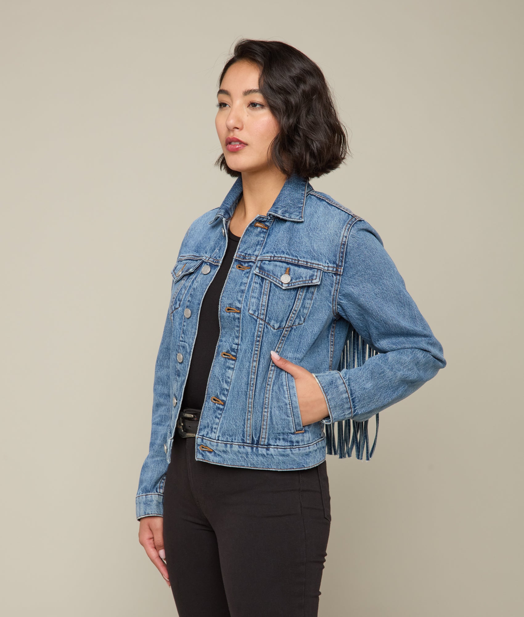 Justine Fringe Denim Jacket for Women - Blue Roan Distressed Vintage Style Jacket - Perfect for Casual Outfits, Music Festivals & Boho Fashion