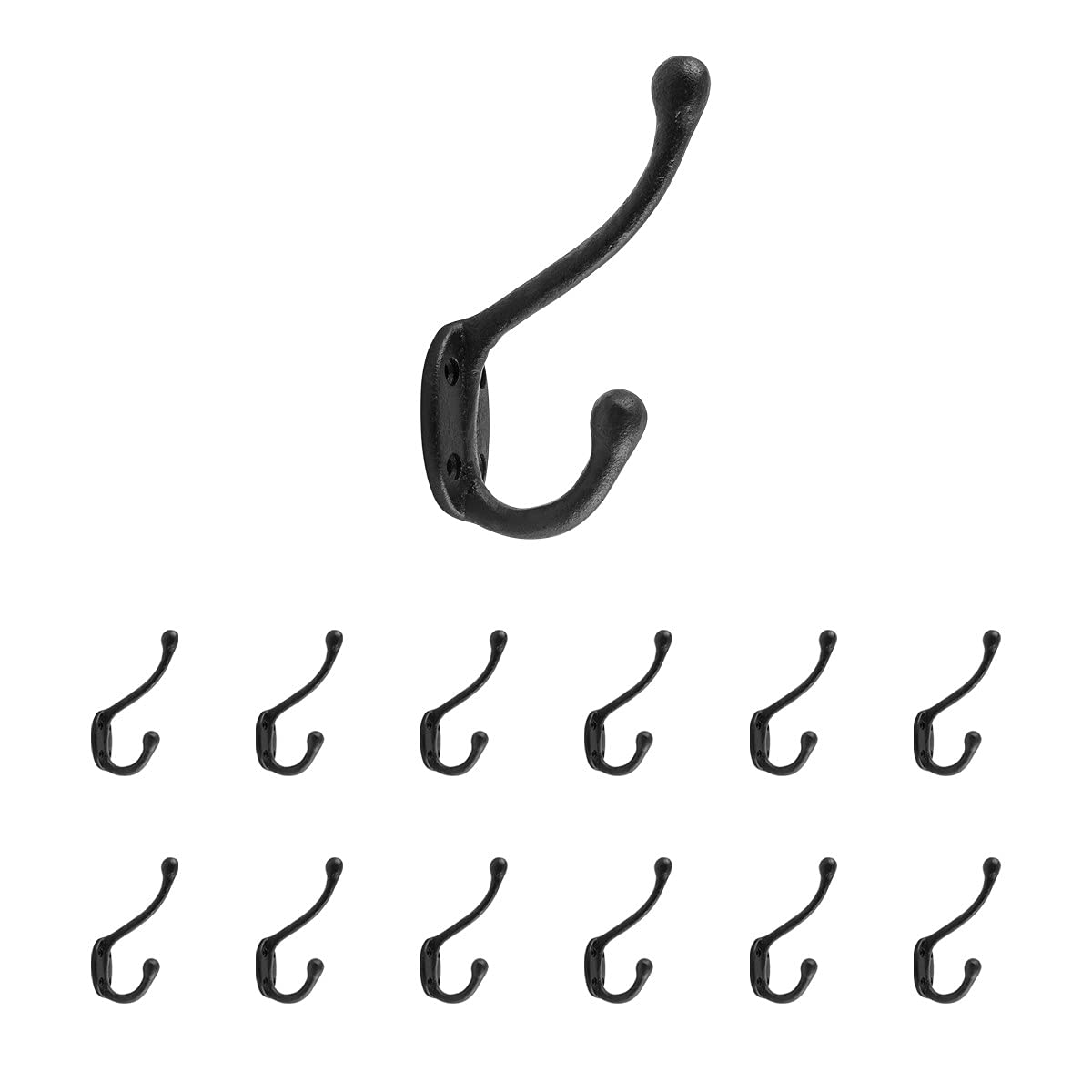 Rustic Black Wrought Iron Double Coat Hooks - 5 Inch Wall Mounted Robe & Jacket Hangers - Pack of 12 with Hardware - Rust Resistant for Entryway, Bathroom & Bedroom Organization