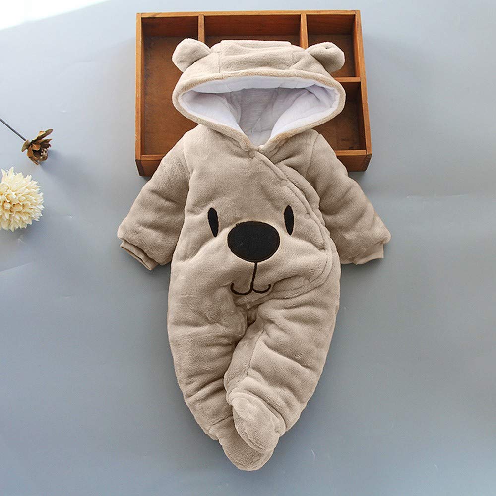Cute Baby Bear Velvet Hooded Jumpsuit Romper - Soft Cartoon Overall Set for Newborn Girls & Boys (6-9 Months, Khaki) | Perfect for Playtime, Photo Shoots & Winter Outfits
