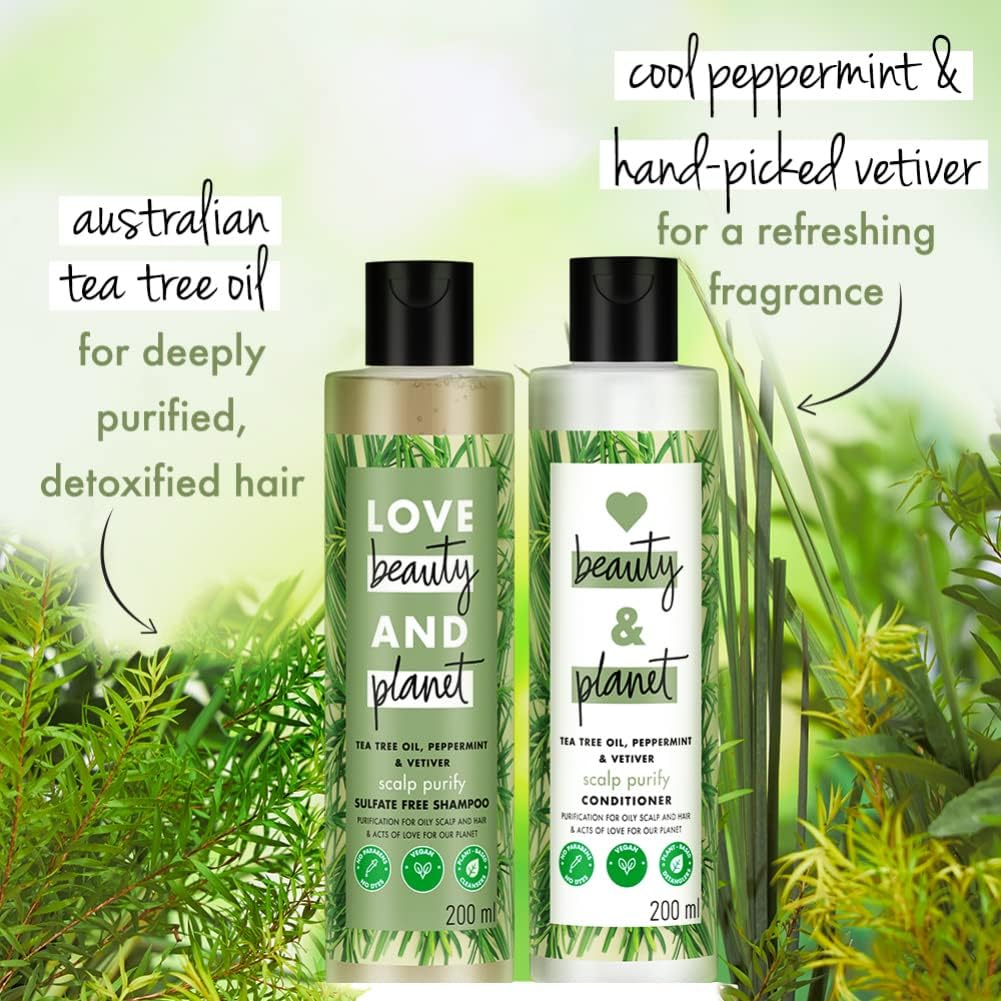 Loves Beauty & Planet Tea Tree, Peppermint & Vetiver Purifying Shampoo & Conditioner Set - 200ml Each, Paraben-Free, Dye-Free, Vegan & Cruelty-Free Hair Care for Oily Scalp & Dandruff Control - Perfect for Daily Use & Deep Cleansing
