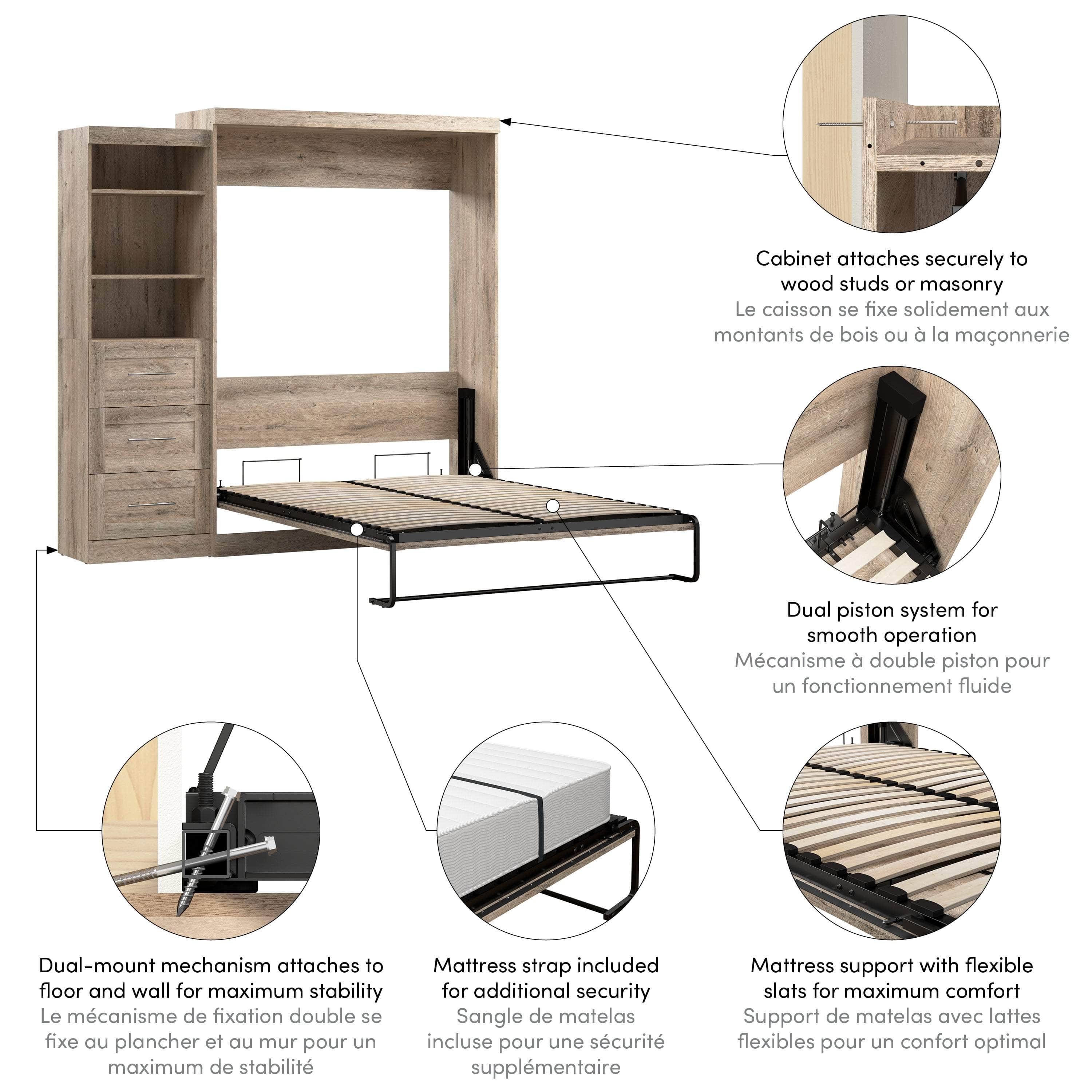 Queen Murphy Wall Bed with Storage Drawers - Space-Saving Foldable Bed for Small Rooms, Apartments & Guest Rooms (90