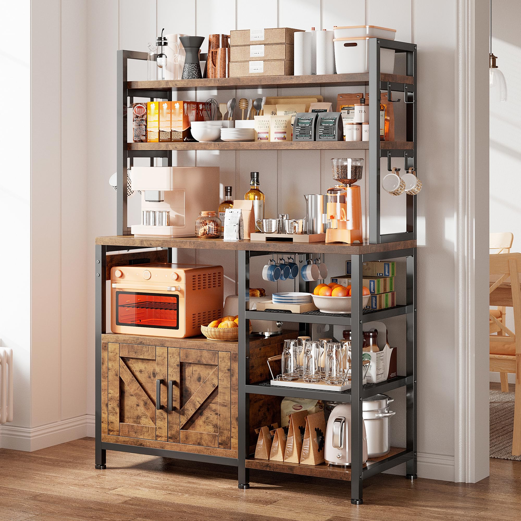 EnHomee 6-Tier Bakers Rack with Power Outlet & Storage Cabinet - Rustic Brown Kitchen Utility Shelf with Side Hooks | Perfect for Coffee Bar, Microwave Stand & Kitchen Organization