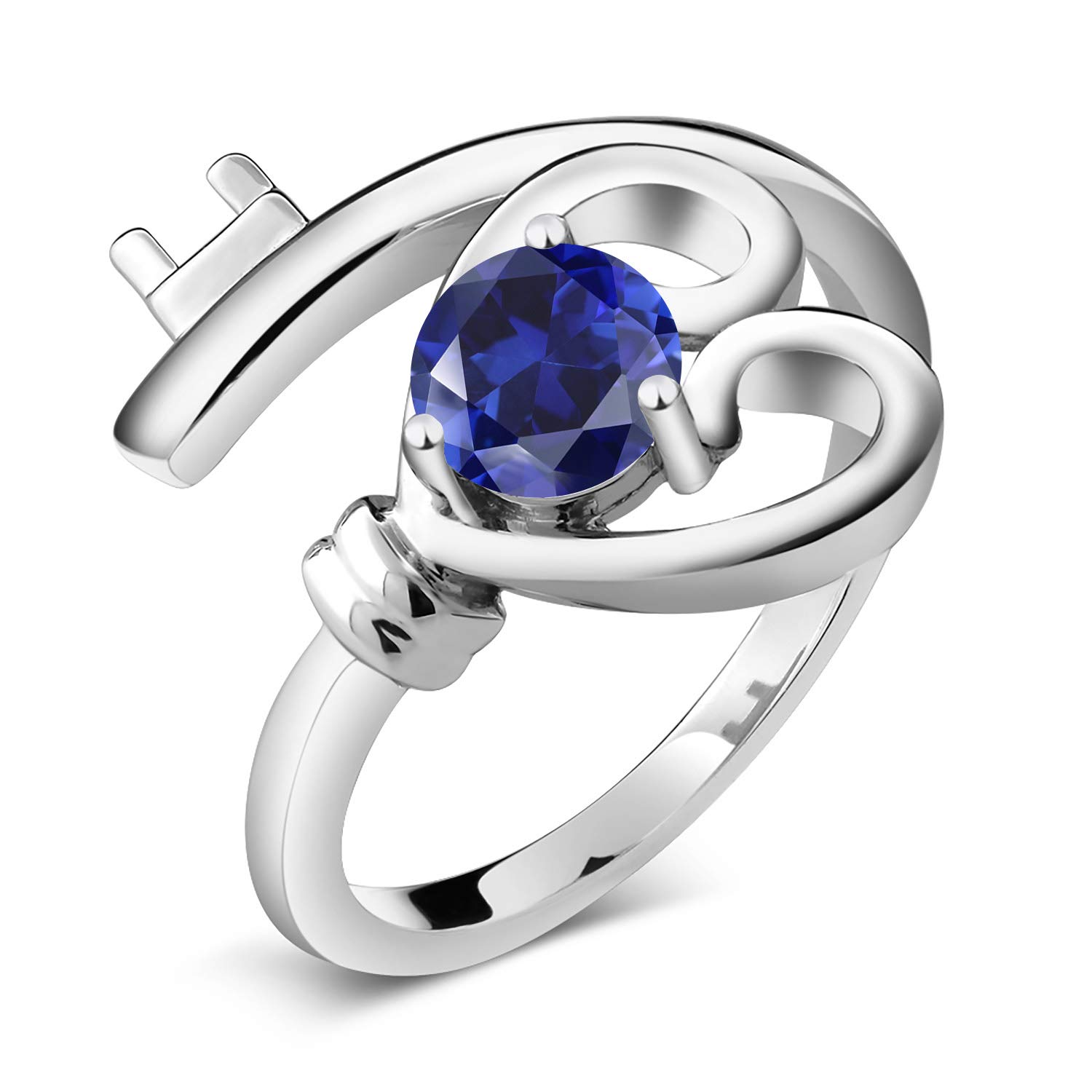 0.60 Ct Round Blue Lab-Created Sapphire Heart Key Ring in 925 Sterling Silver - Gem Stone King | Perfect Gift for Anniversary, Valentine's Day & Bridesmaids (Sizes 5-9)