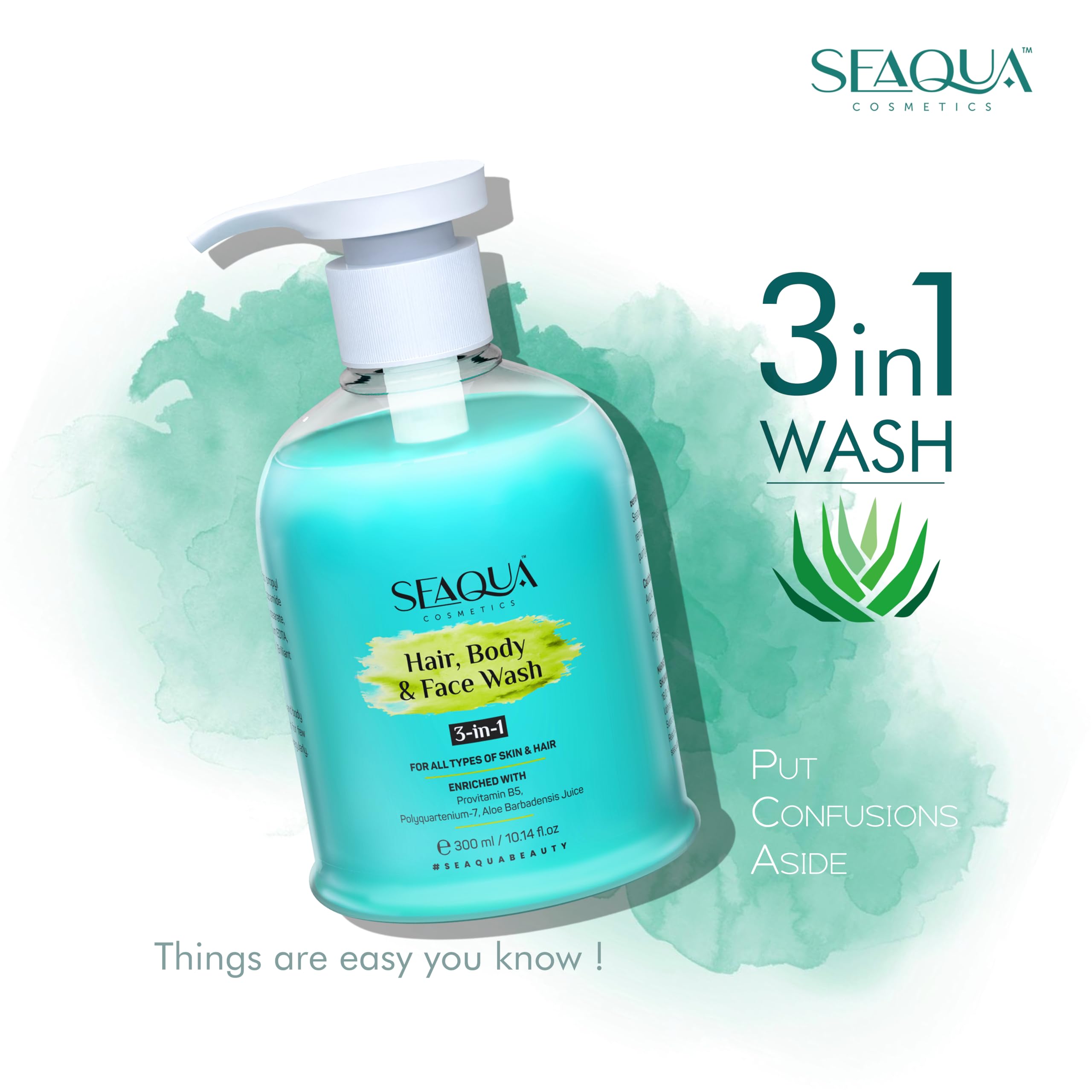 SEAQUA 3 in 1 Hair, Body & Face Wash for Men & Women - Sulfate Free, Paraben Free, Gentle Cleanser (300ml) | Perfect for Travel, Gym & Daily Shower Routine
