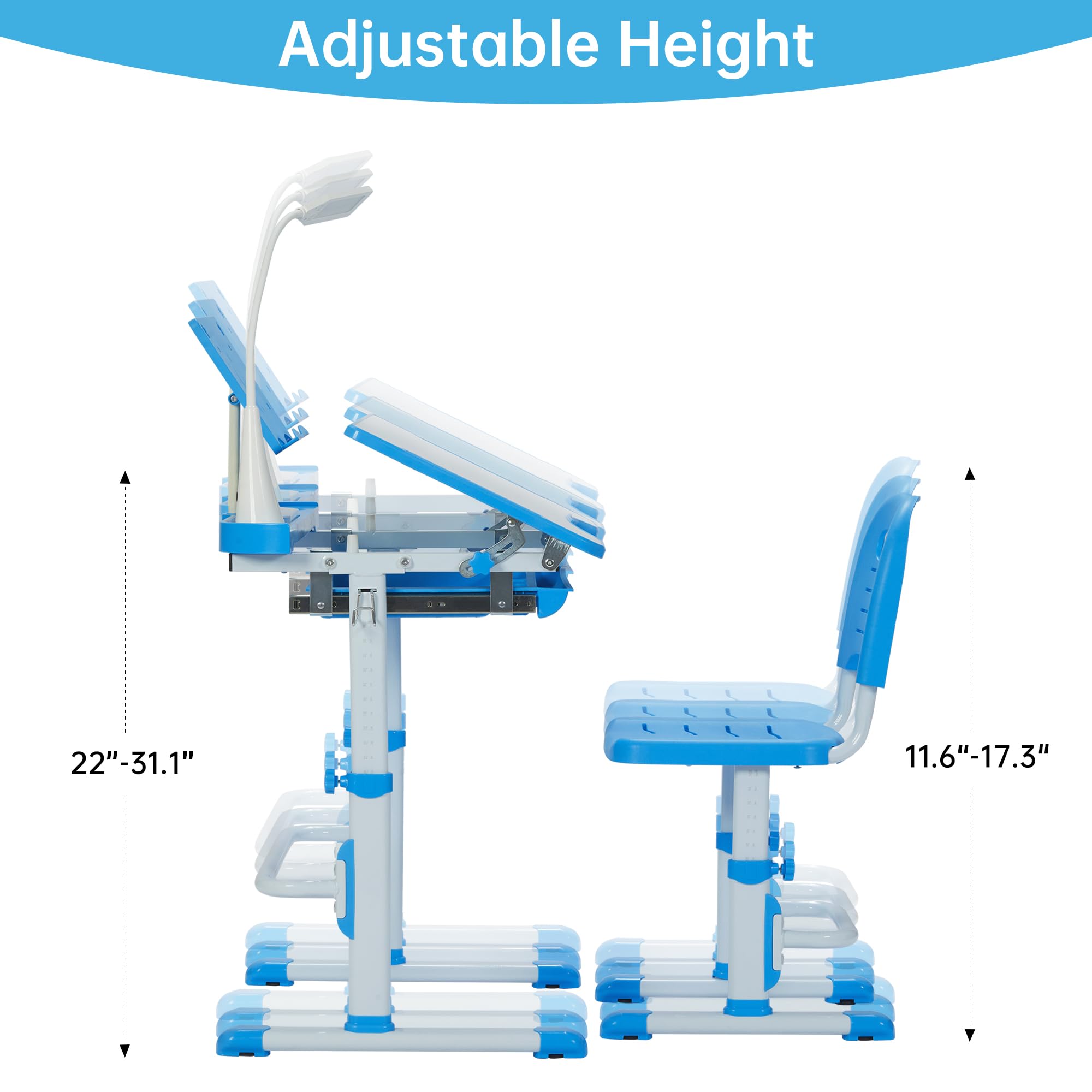 Real Relax Kids Desk and Chair Set - Adjustable Height Study Table with Storage, Ergonomic Children's Learning Workstation for Home & School (Blue) - Perfect for Homework, Drawing & Online Classes