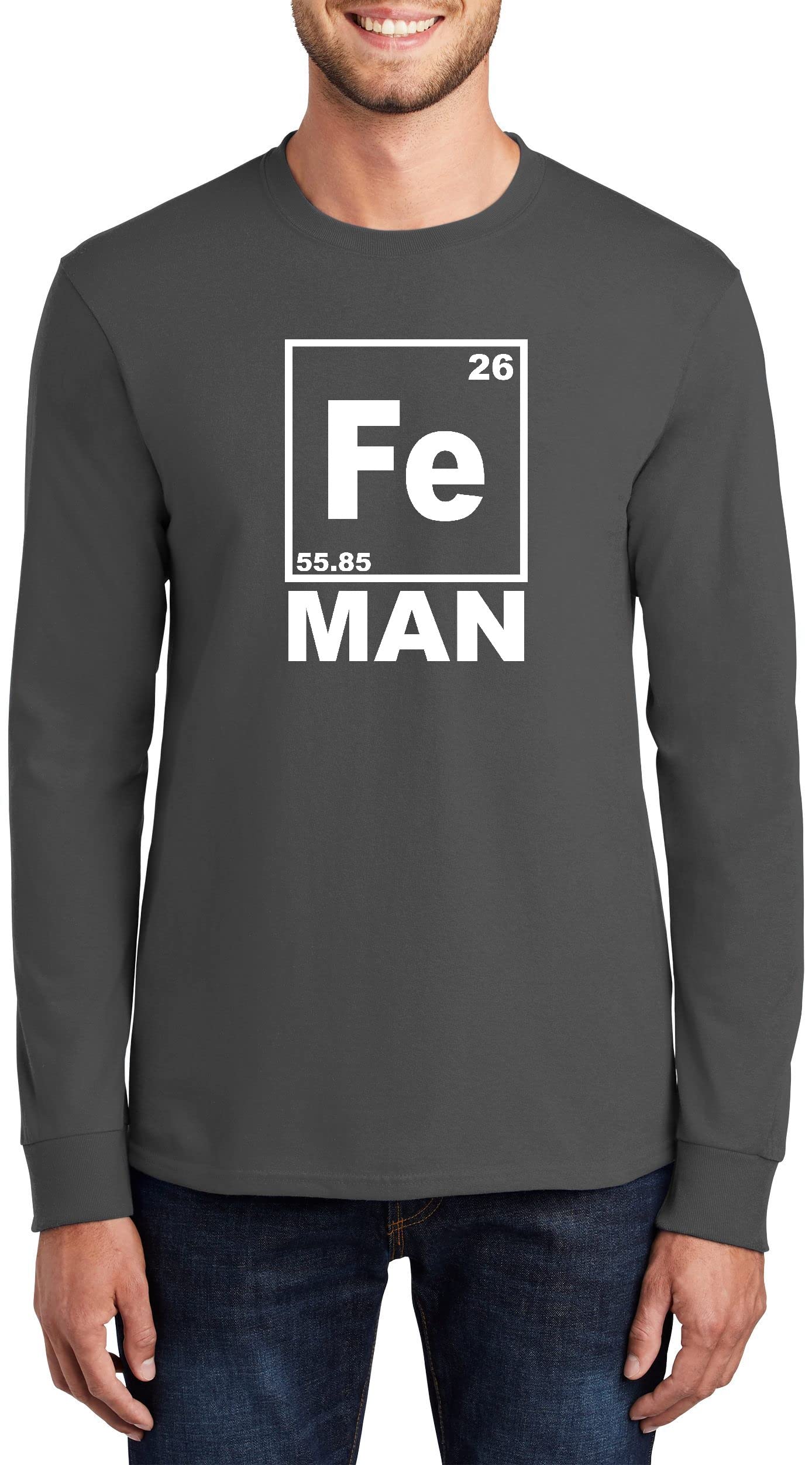 Funny Men's Iron Man Chemistry Periodic Table Long Sleeve T-Shirt | Marvel Superhero Graphic Tee | Gift for Science & Comic Fans | Casual Wear & Cosplay