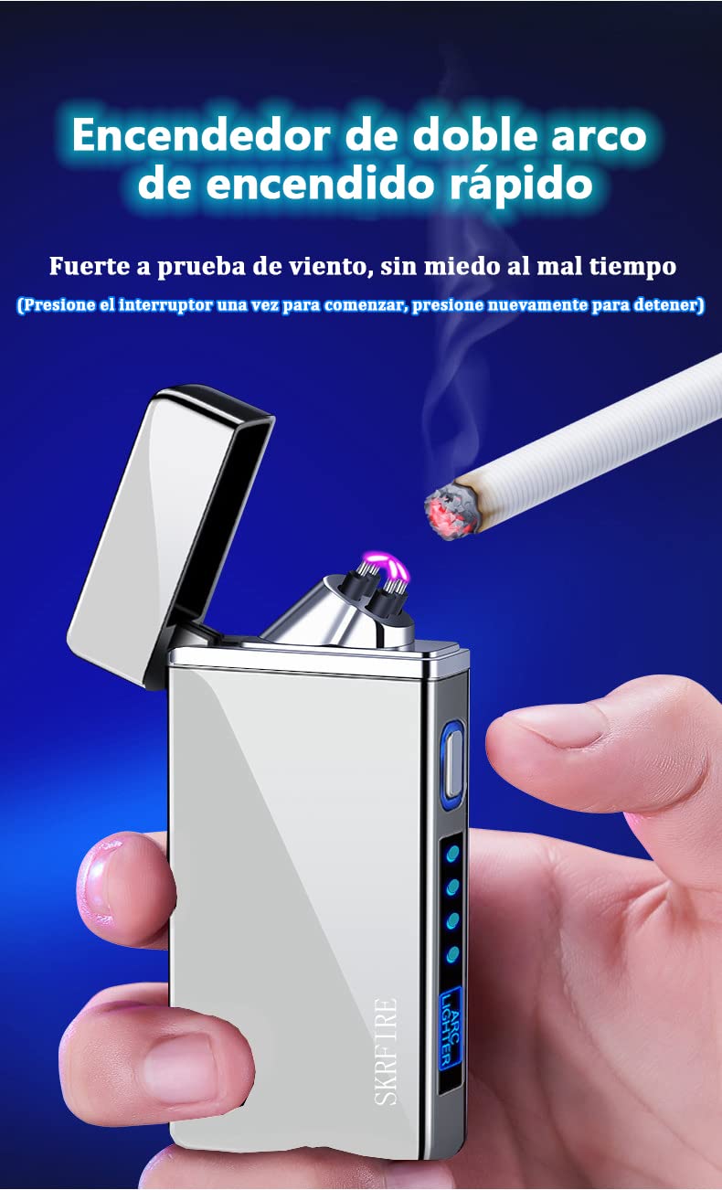 SKRFIRE Windproof Dual Arc Electric Lighter - Rechargeable USB Flameless Plasma Lighter with PVD Coating & Battery Indicator for Camping, Hiking, BBQ and Outdoor Use (Icy Silver)