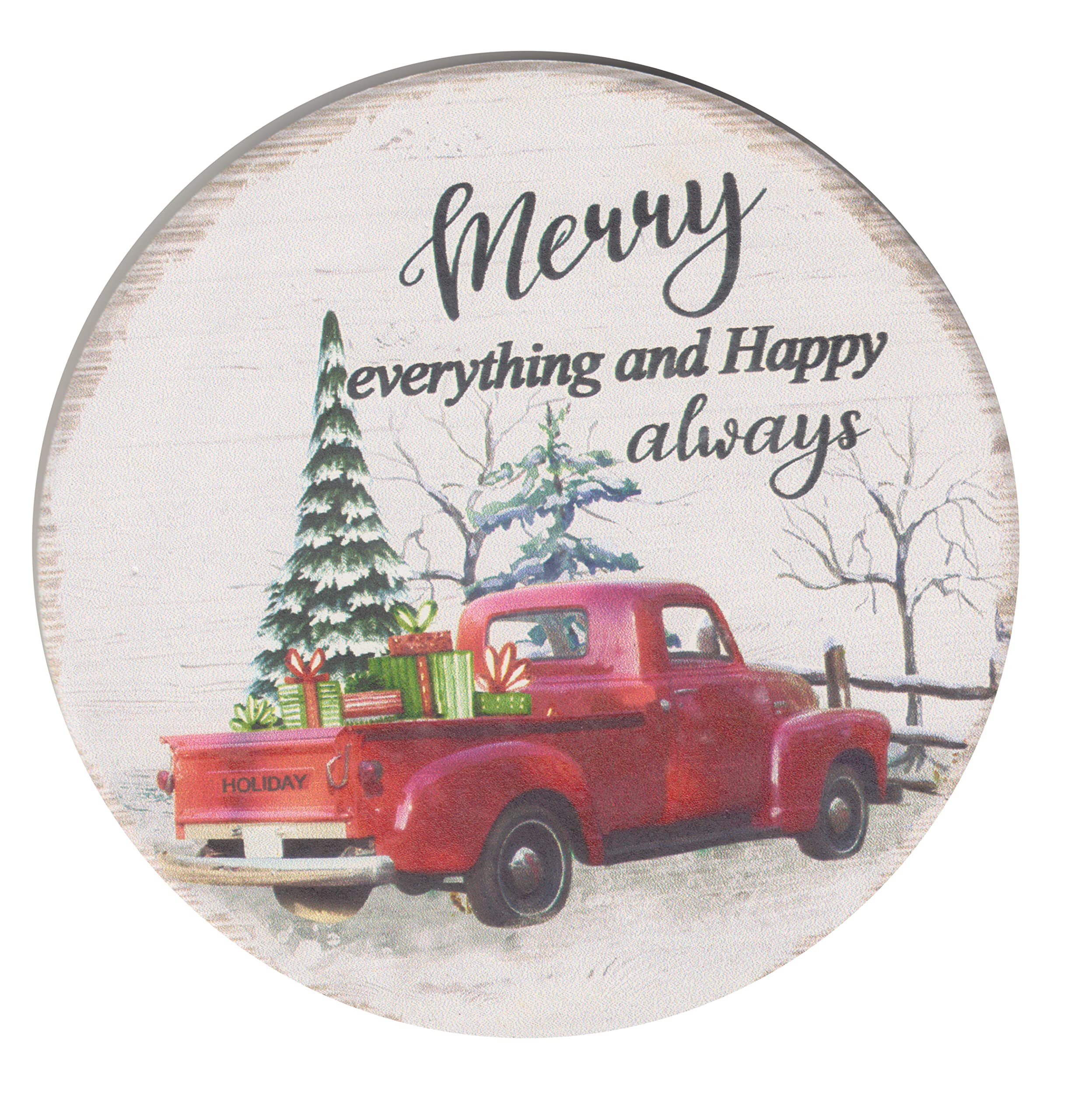 Christmas Ceramic Coasters Set of 4 - Red Truck & Car Holiday Theme with Cork Backing - 3.75 Inch Round Drink Coasters Featuring Festive Phrases & Scenes - Perfect for Holiday Parties, Home Decor & Gift Giving