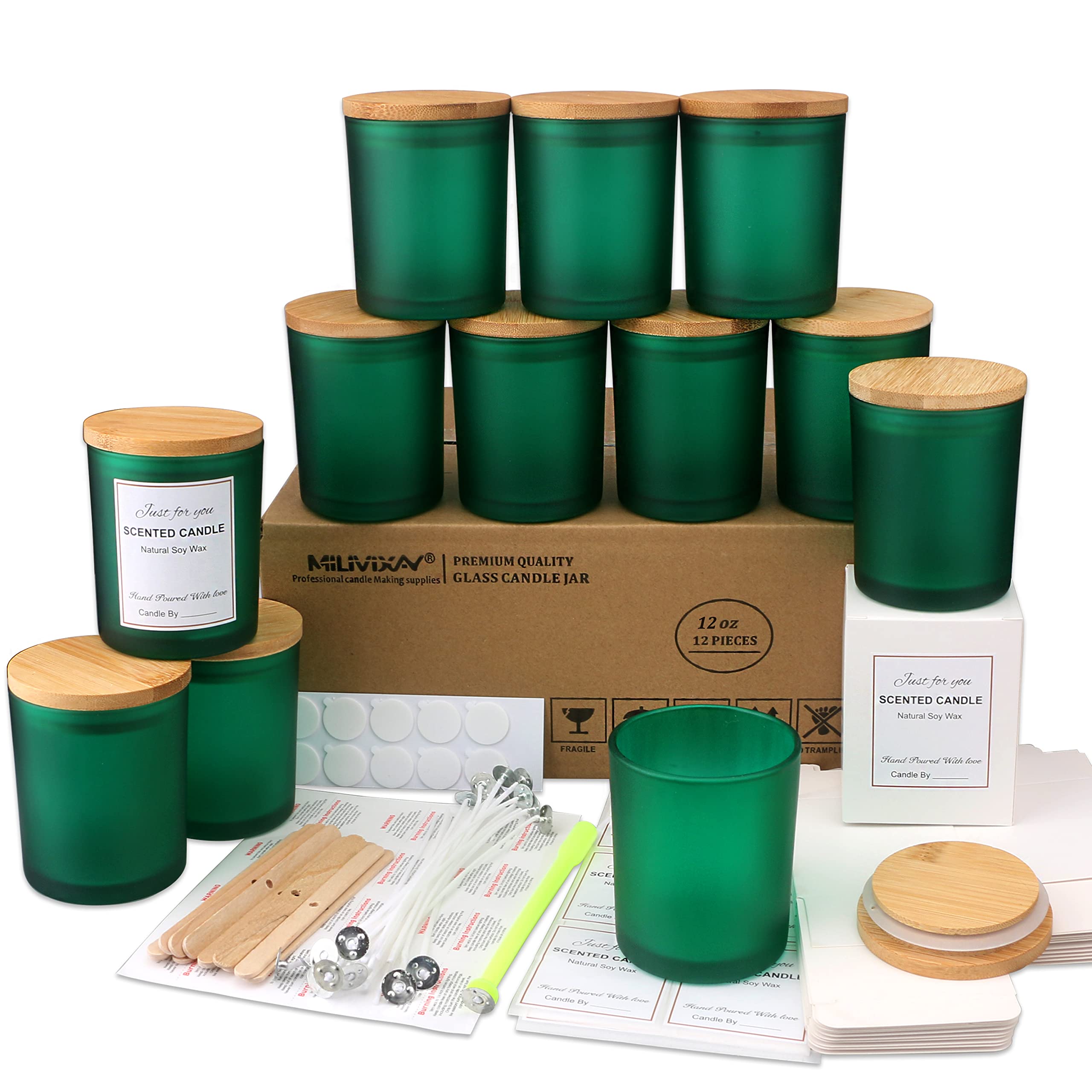 12 Pack 12 OZ Matt Green Glass Candle Jars with Lids - Bulk Empty Candle Containers for DIY Candle Making, Spice Storage & Home Decor - Perfect for Aromatherapy, Wedding Favors and Gift Packaging