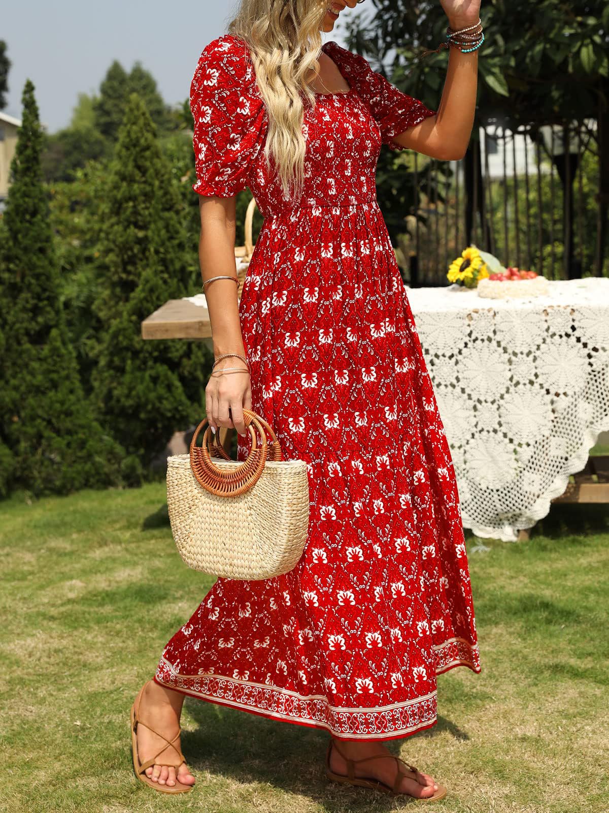 ZESICA Women's 2025 Summer Floral Maxi Dress - Boho Square Neck Ruffle Swing Beach Dress for Vacation, Wedding Guest & Outdoor Parties