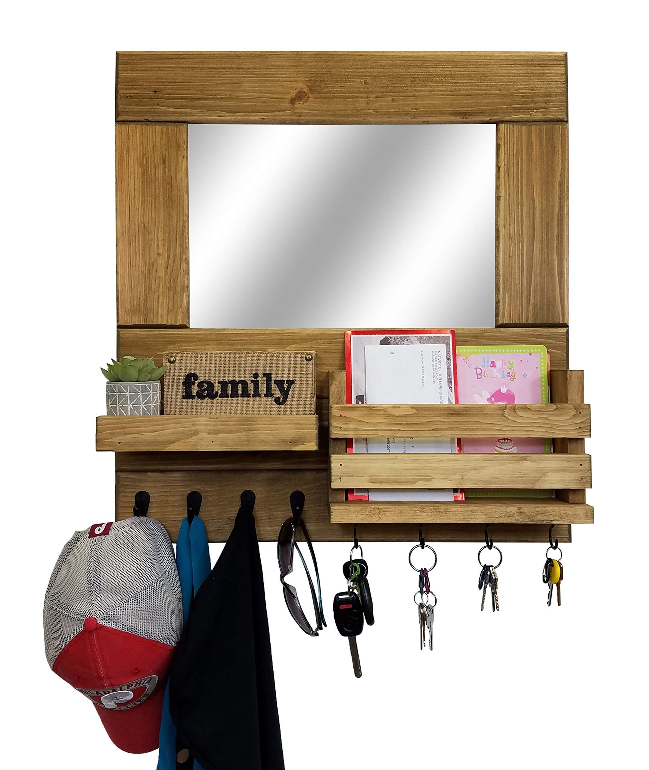 Rustic Wooden Mail Organizer & Wall Shelf with Mirror, Hooks - 20 Stain Colors - Farmhouse Entryway Organizer for Keys, Mail & Decor | Perfect for Hallway, Foyer & Small Space Organization