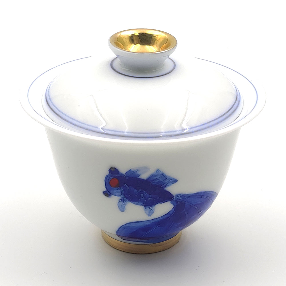 Premium Suet Jade Porcelain Blue and White Goldfish Gaiwan - Traditional Chinese Tea Set for Gongfu Tea Ceremony, Perfect for Home Brewing and Gift Giving
