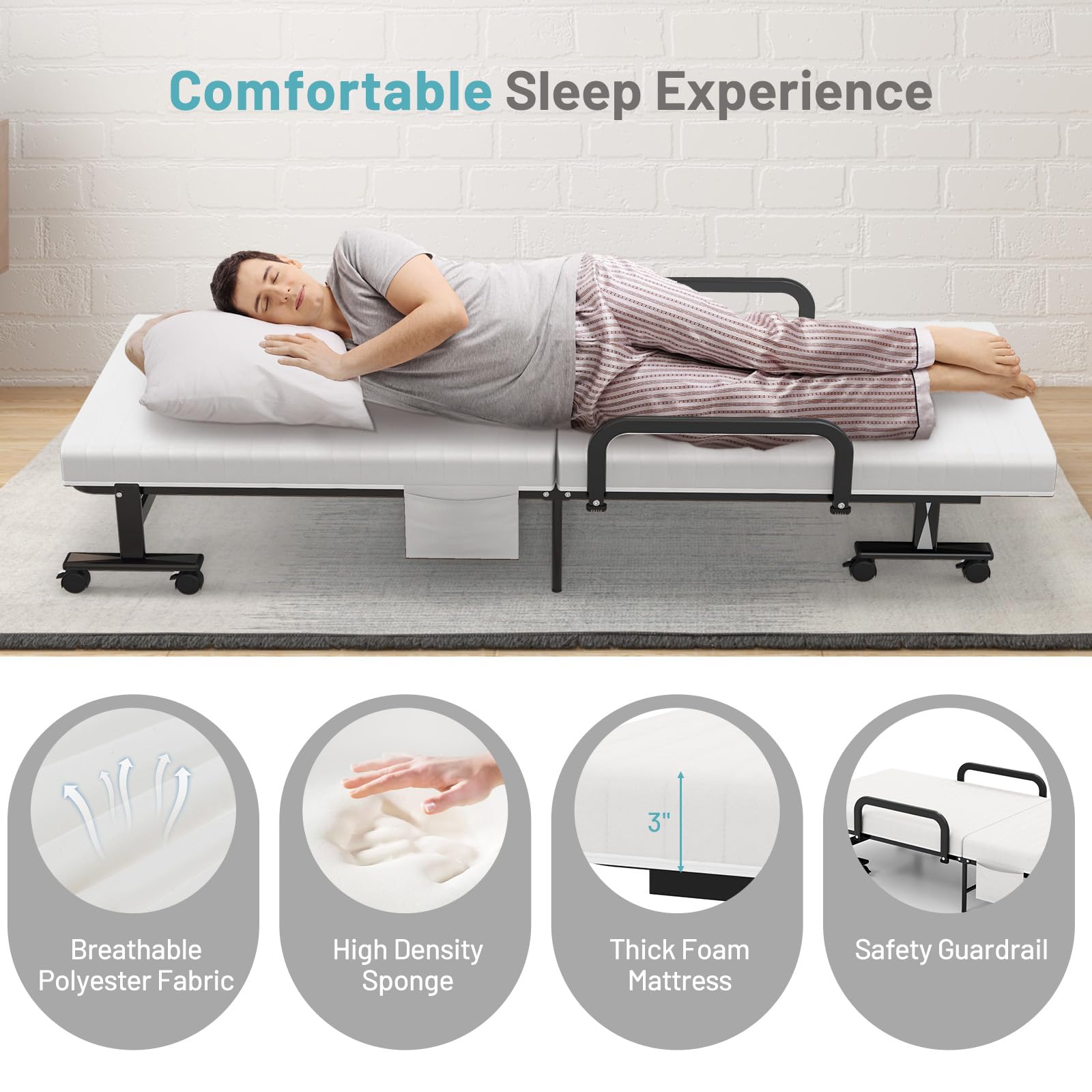 KOMFOTT Folding Rollaway Bed with Mattress for Adults & Guests - 6 Position Adjustable Backrest, Reinforced Steel Frame, Side Storage Pocket (75.5