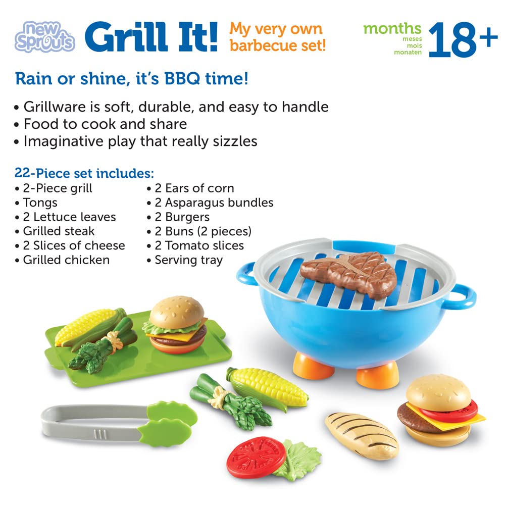 Learning Resources New Sprouts Grill It! 22-Piece BBQ Pretend Play Set for Toddlers 18+ Months - Preschool Learning Toys, Outdoor & Indoor Pretend Play Food for Kids - Perfect for Backyard Picnics, Playdates & Imaginative Role Play