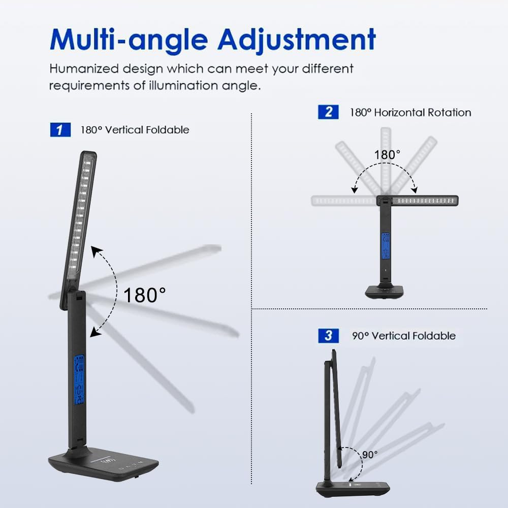 Multifunctional LED Desk Lamp with Wireless Charger & USB Port - Adjustable Study Light with Clock & Phone Holder for Home Office, Reading, Gaming - Eye-Caring Desk Lamp for Students, Teens, Boys & Girls (Black) - Perfect for Night Studying, Work from Home & Bedside Use