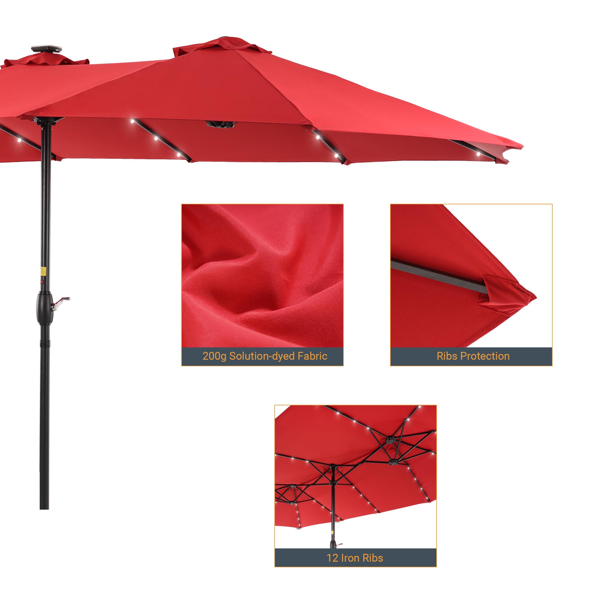 15ft Large Outdoor Patio Umbrella with Solar Lights - Double-Sided Rectangle Market Umbrella with 12 Sturdy Ribs & UV Protection - Perfect for Garden, Deck, Backyard, Poolside (Base Not Included) | Ideal for Outdoor Dining, Lounging, and Summer Entertaining