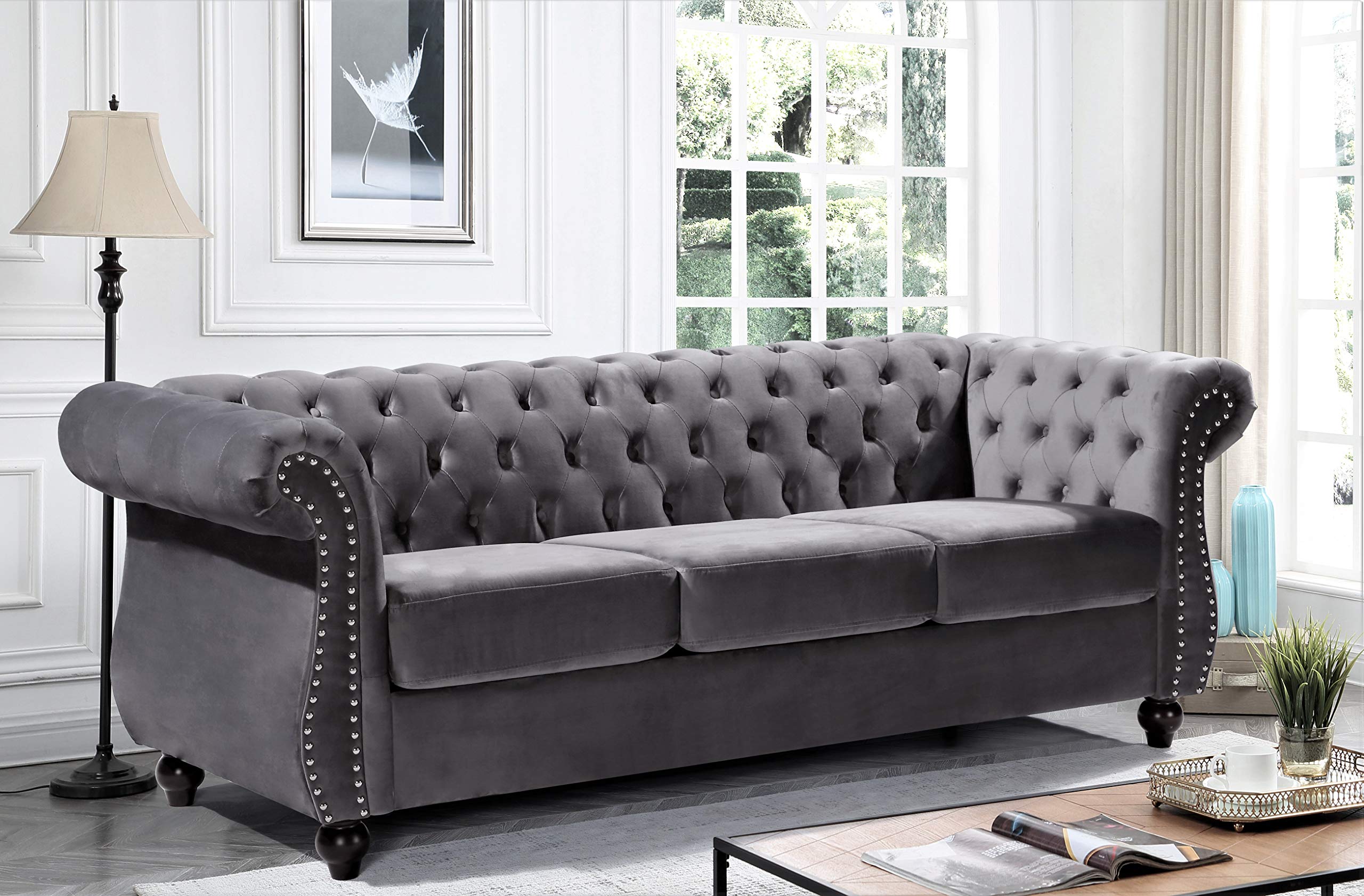 Modern Velvet Chesterfield Sofa & Chair Set with Nailhead Trim, Diamond Tufting & Sturdy Metal Frame - Gray Living Room Furniture for Elegant Home Decor