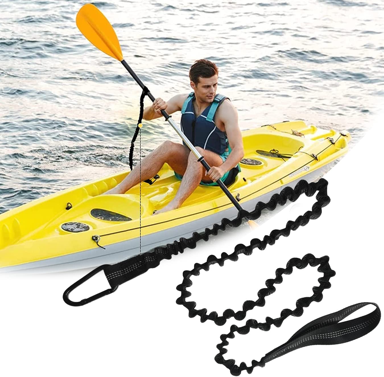 **2 Pack Stretchable Kayak Paddle Leash with Carabiner - Secure SUP, Canoe & Fishing Rod Holder - Durable Paddle Strap for Kayaking, Fishing & Water Sports**    *(Use Case: Perfect for kayaking, stand-up paddleboarding, canoeing, and fishing to keep your gear secure and within reach.)*