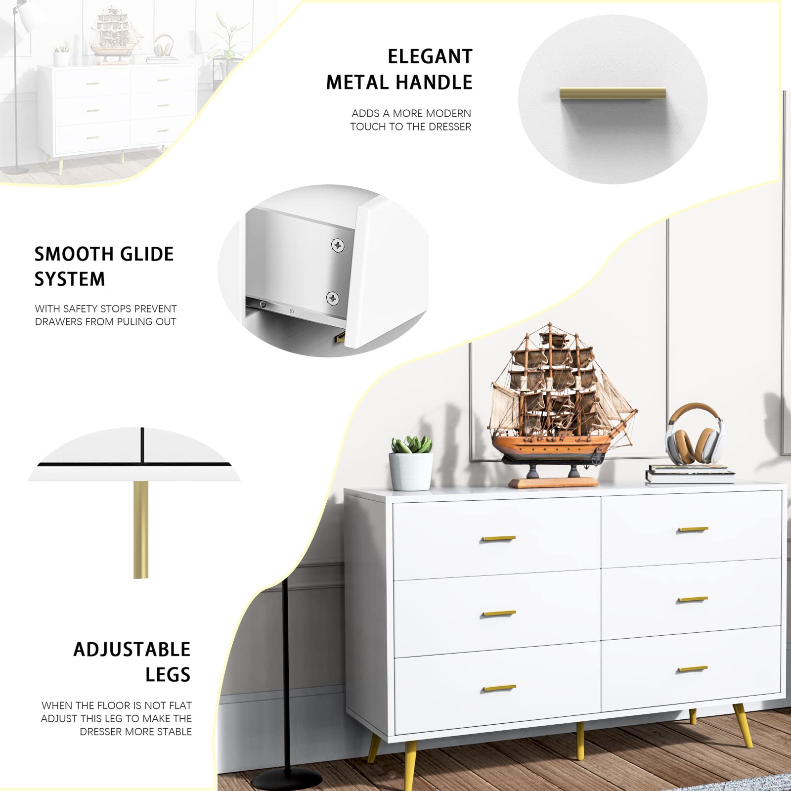 JOZZBY White 6-Drawer Dresser for Bedroom - Modern Wood Storage Chest with Wide Drawers & Metal Handles - Perfect for Bedroom, Living Room, Hallway & Entryway Organization