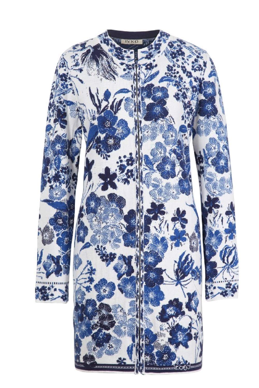 IVKO Floral Rhapsody Pattern Coatigan - China Blue & White Cotton Zip-Up Cardigan Sweater Jacket | Perfect for Spring Layering, Casual Outfits & Office Wear
