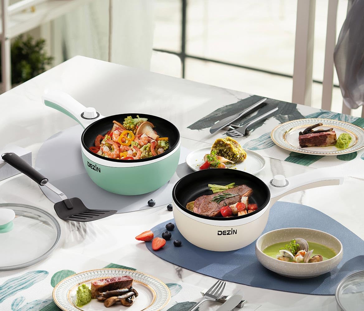 **Upgraded Dezin Electric Hot Pot with Steamer - 1.5L Non-Stick Sauté Pan, Rapid Noodles Cooker for Steak, Eggs, Fried Rice, Ramen, Oatmeal & Soup - Adjustable Temperature - Perfect for Dorm, Office, Camping & Small Kitchens**