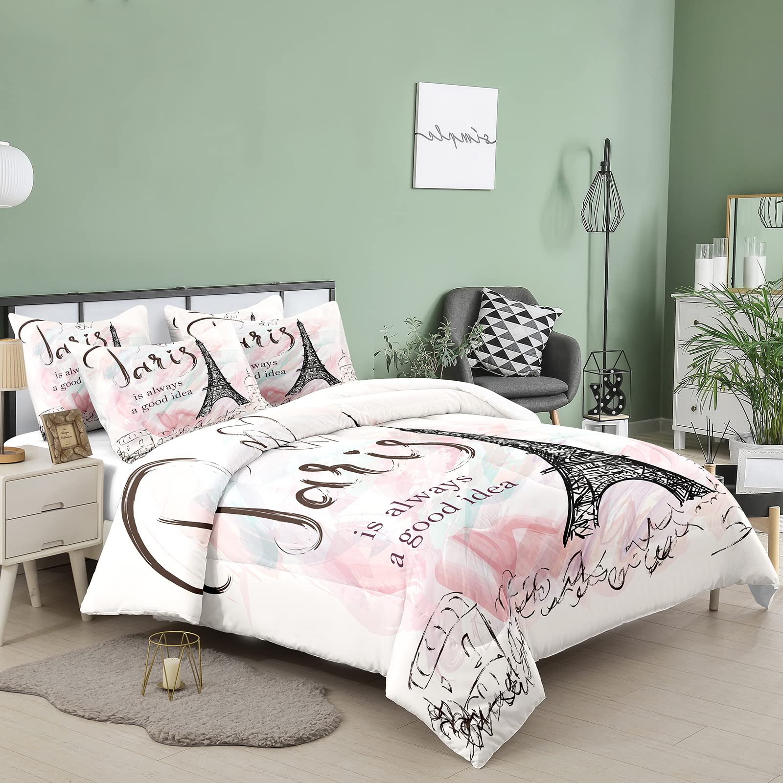 Bodhi Girls Pink Paris Comforter Bedding Set Queen Size - Eiffel Tower Design with Matching Pillowcases | Soft & Cozy Bed Set for Teen Girls' Room Decor, Dorm Essentials, Birthday Gift