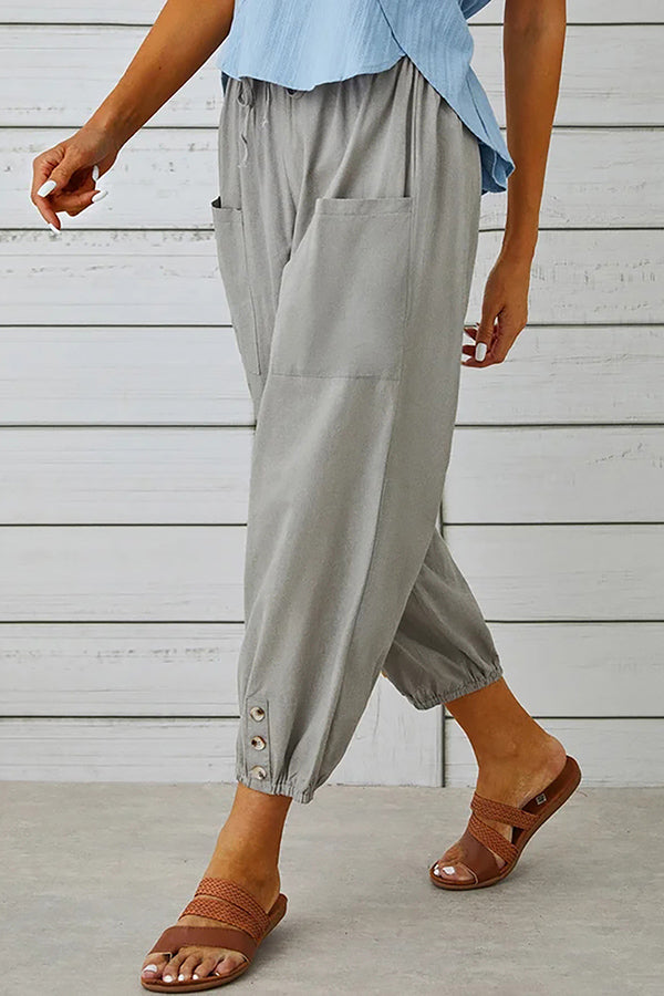 Tatum Women's Linen Blend Elastic Waist Pants with Pockets & Button Hem - Comfortable Casual Pants for Work, Travel & Everyday Wear