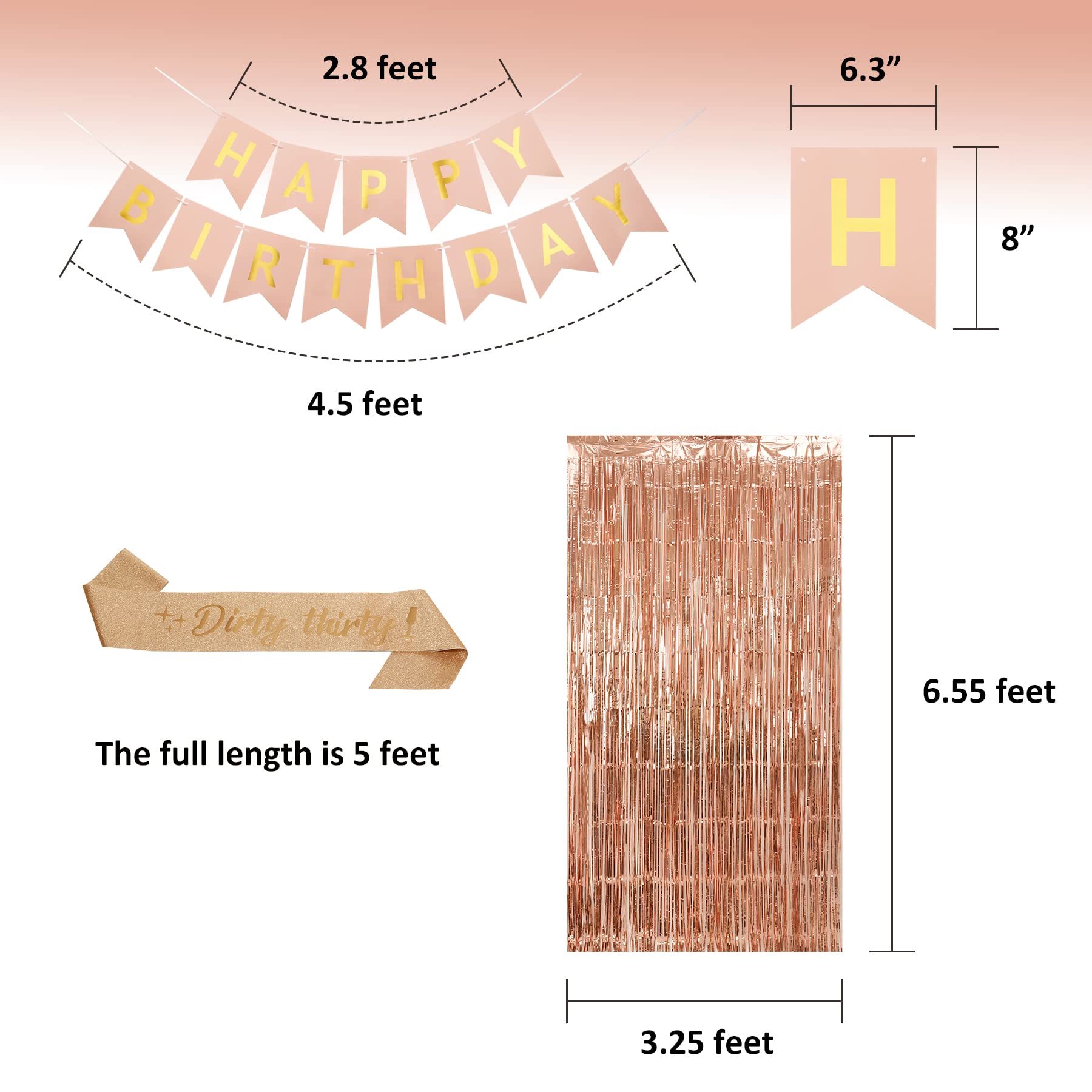30th Birthday Decorations Set - Rose Gold Happy Birthday Banner, Foil Curtains, Dirty 30 Balloons & Sash for Women - Perfect for Birthday Parties, Milestone Celebrations & Photo Backdrops