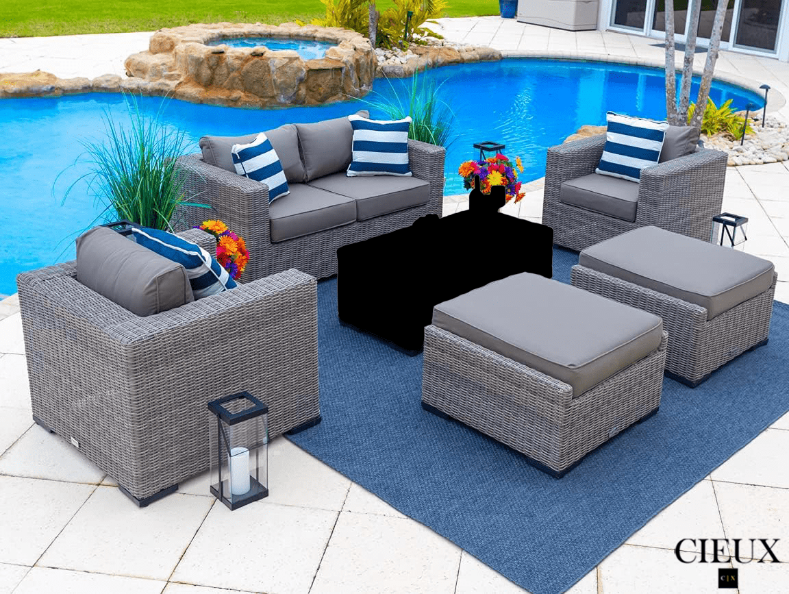 Riviera Outdoor Patio Wicker Loveseat Set - 2 Club Chairs & 2 Ottomans with Sunbrella Cushions in Grey & Charcoal | Perfect for Backyard, Garden, Poolside & Deck Relaxation