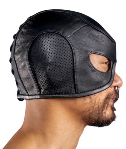 Black Leather Hood & Sensory Deprivation Mask - Premium Fetish Wear for BDSM, Cosplay & Role Play - Breathable Spandex Lining for Comfort