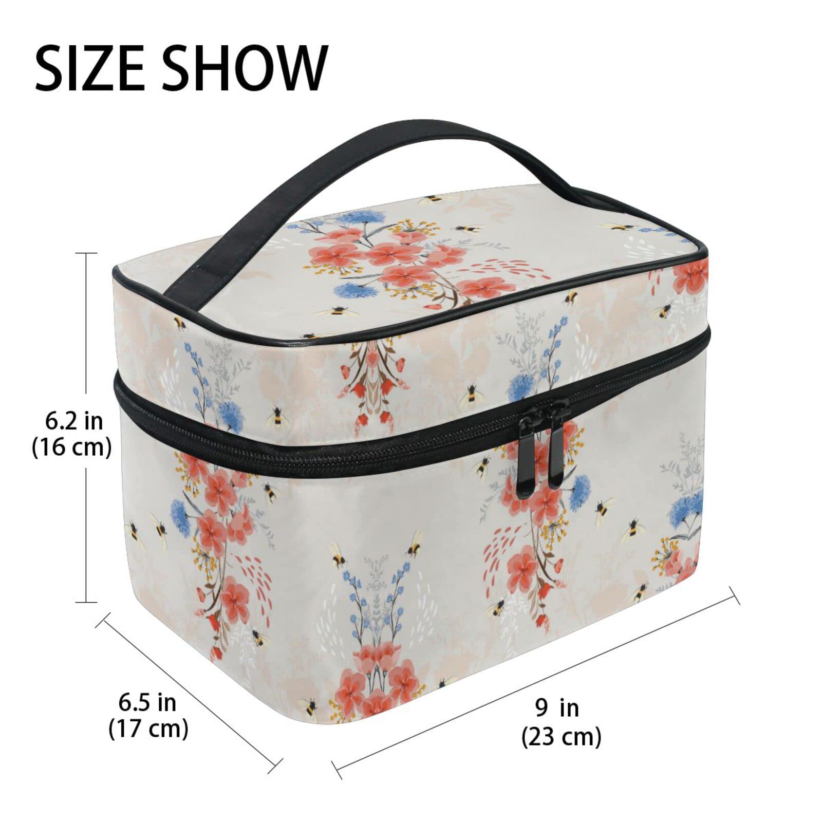 Floral Plum Blossom Bee Cosmetic Bag - Waterproof Makeup Pouch with Zipper for Women & Girls - Perfect for Travel, Gym, and Daily Organizer (Toiletry Case, Makeup Bag Organizer)