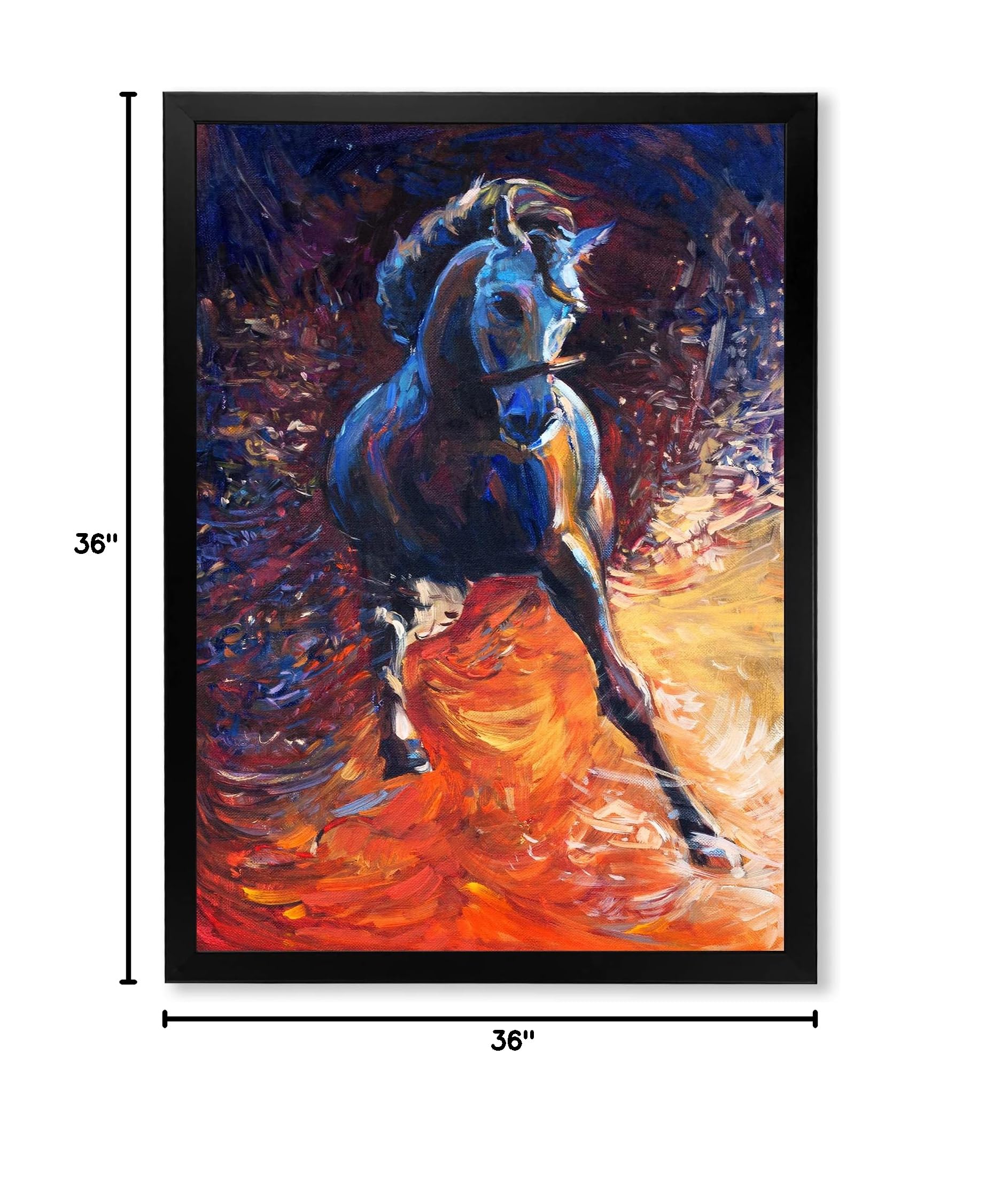 DesignQ Framed Wall Art - Galloping Blue Horse Farmhouse Portrait Painting for Living Room, Bedroom & Office Decor