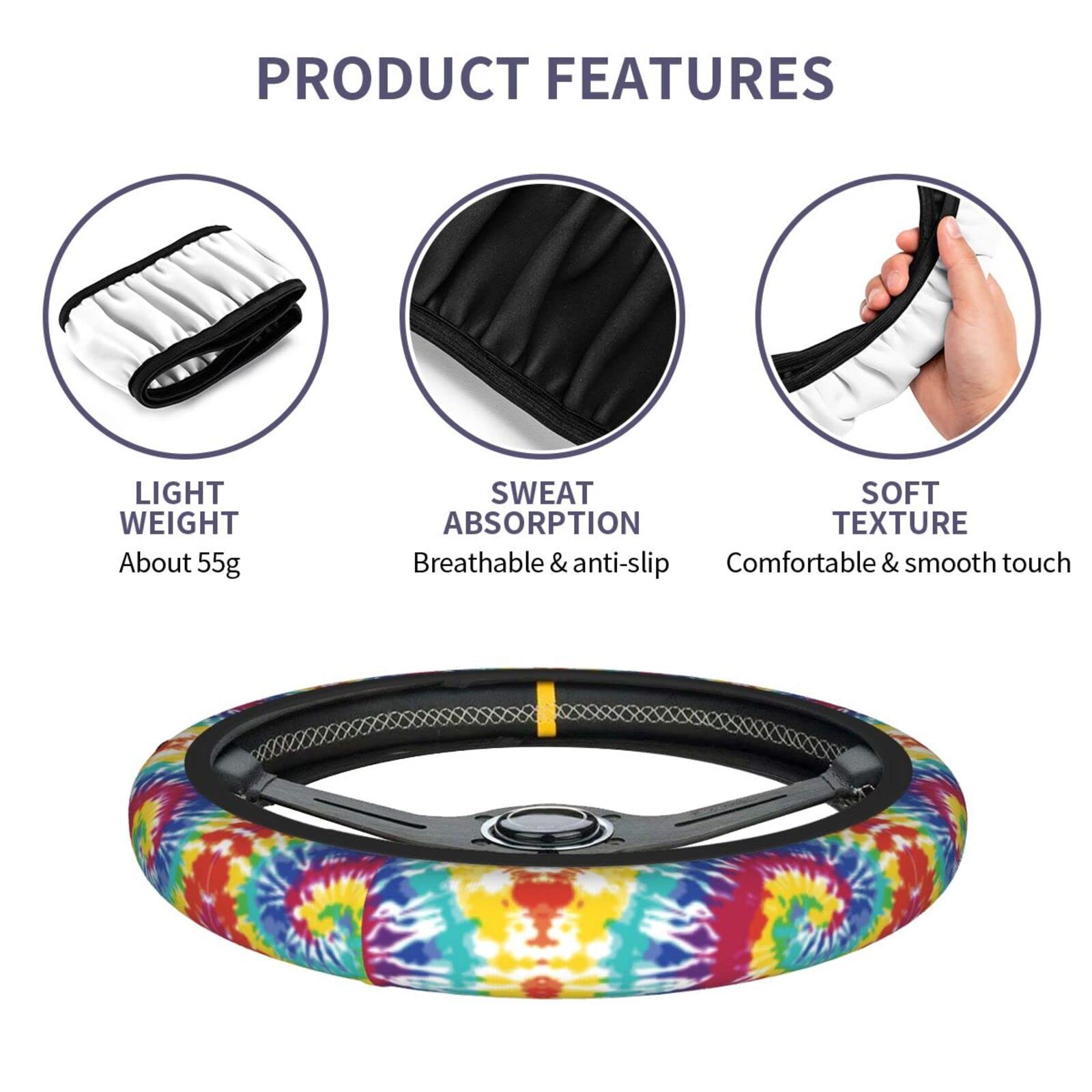 Delerain Tie Dye Steering Wheel Cover - Anti-Slip Elastic Car Accessory - Universal 15 Inch Wheel Protector for Men & Women - Perfect for Road Trips, Daily Commutes & Car Customization