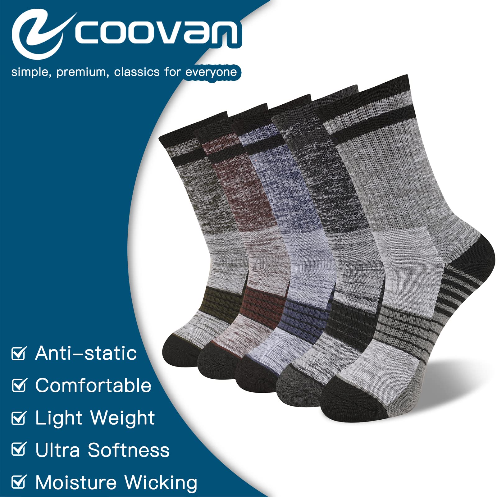 COOVAN Men's Hiking Socks 5-Pack - Moisture Wicking Cushioned Athletic Boot Socks for Outdoor Activities & Trekking - Perfect for Hiking, Camping and Sports