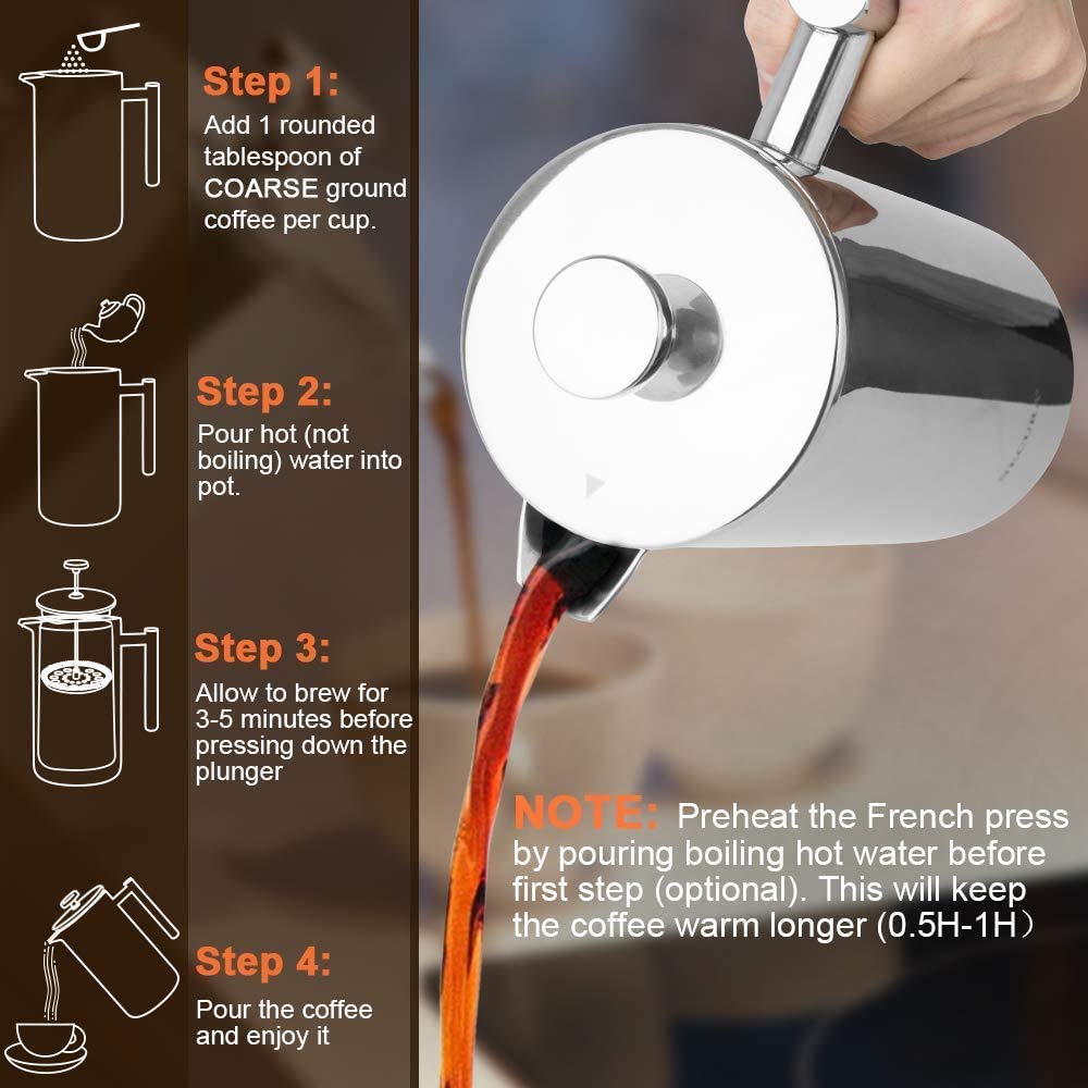 Secura 34oz (1 Liter) Stainless Steel French Press Coffee Maker - 304 Grade Insulated Coffee Press with 2 Extra Filters, Silver - Perfect for Home, Office & Camping Brewing